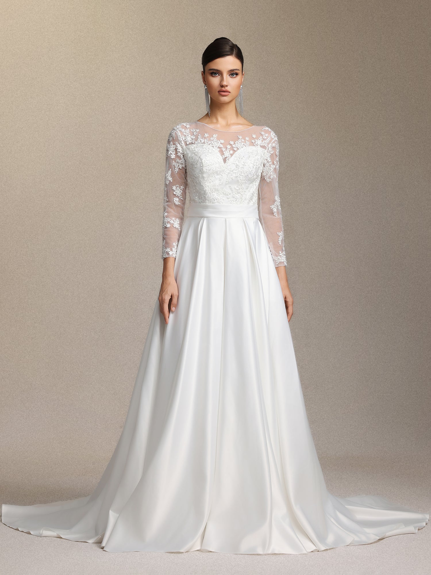 Derlyn Round-neck long-sleeved lace maxi wedding dress	