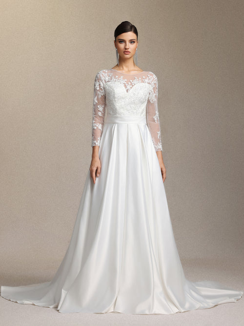Derlyn Round-neck long-sleeved lace maxi wedding dress	