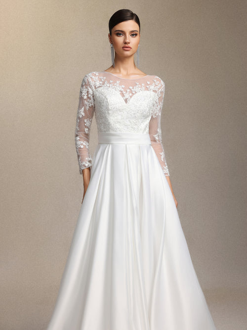 Derlyn Round-neck long-sleeved lace maxi wedding dress	