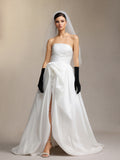 Huresa Strapless veilblack gloves short front and long back maxi wedding dress	