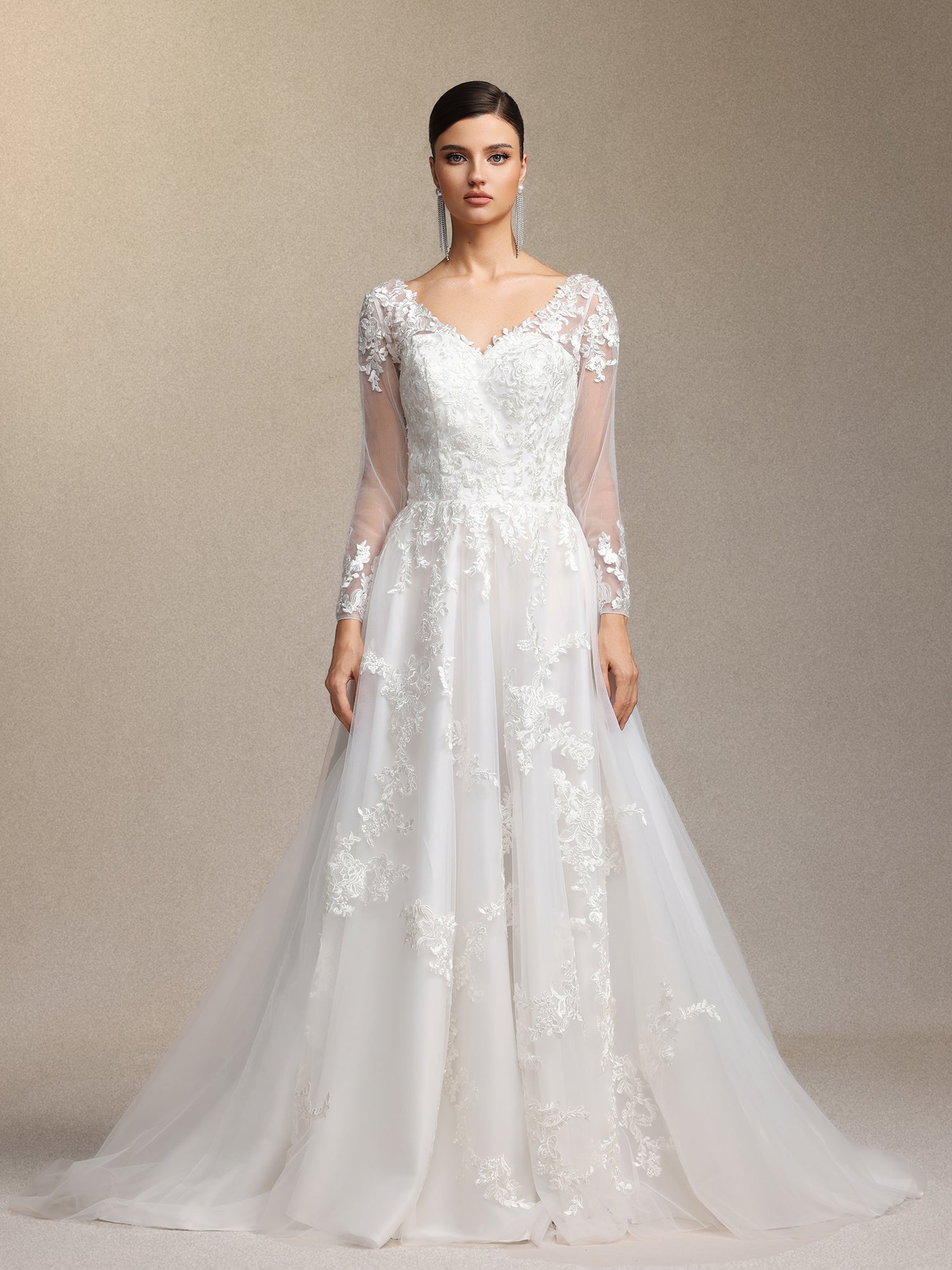 Dolcie V-neck lace patchwork mesh fabric maxi wedding dress	