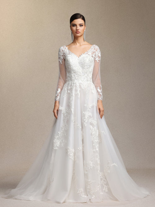 Dolcie V-neck lace patchwork mesh fabric maxi wedding dress	