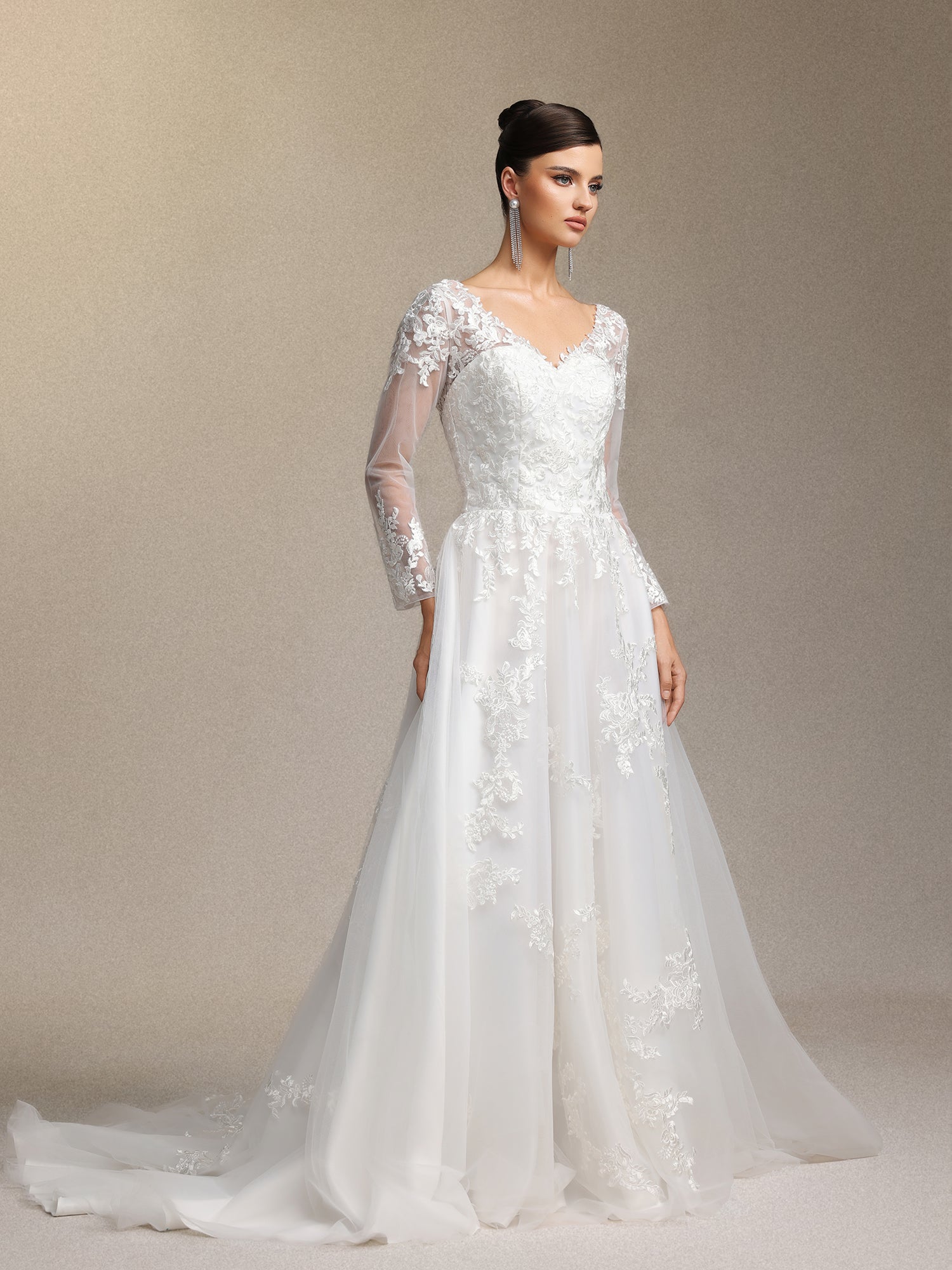 Dolcie V-neck lace patchwork mesh fabric maxi wedding dress	