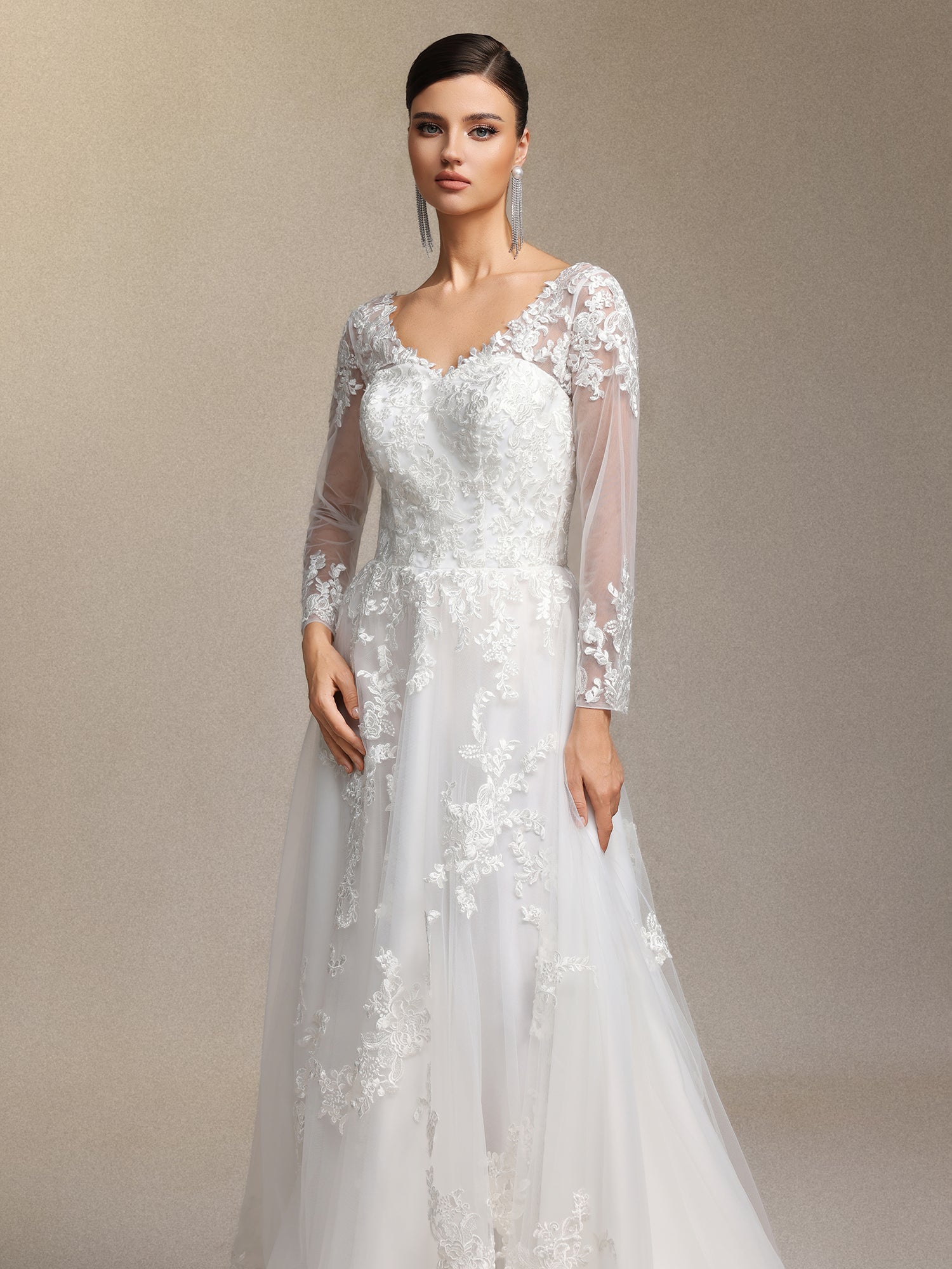 Dolcie V-neck lace patchwork mesh fabric maxi wedding dress	