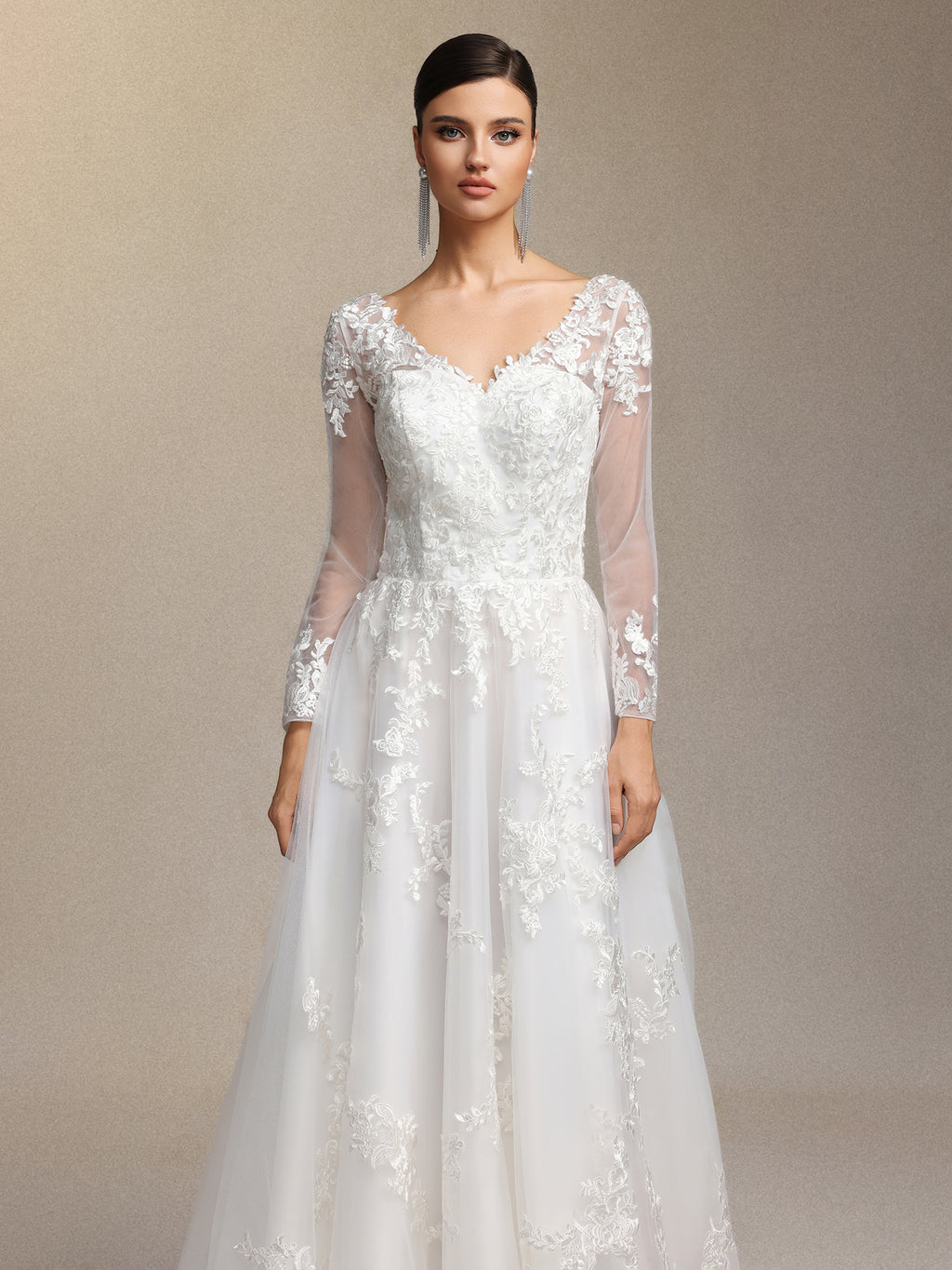 Dolcie V-neck lace patchwork mesh fabric maxi wedding dress	