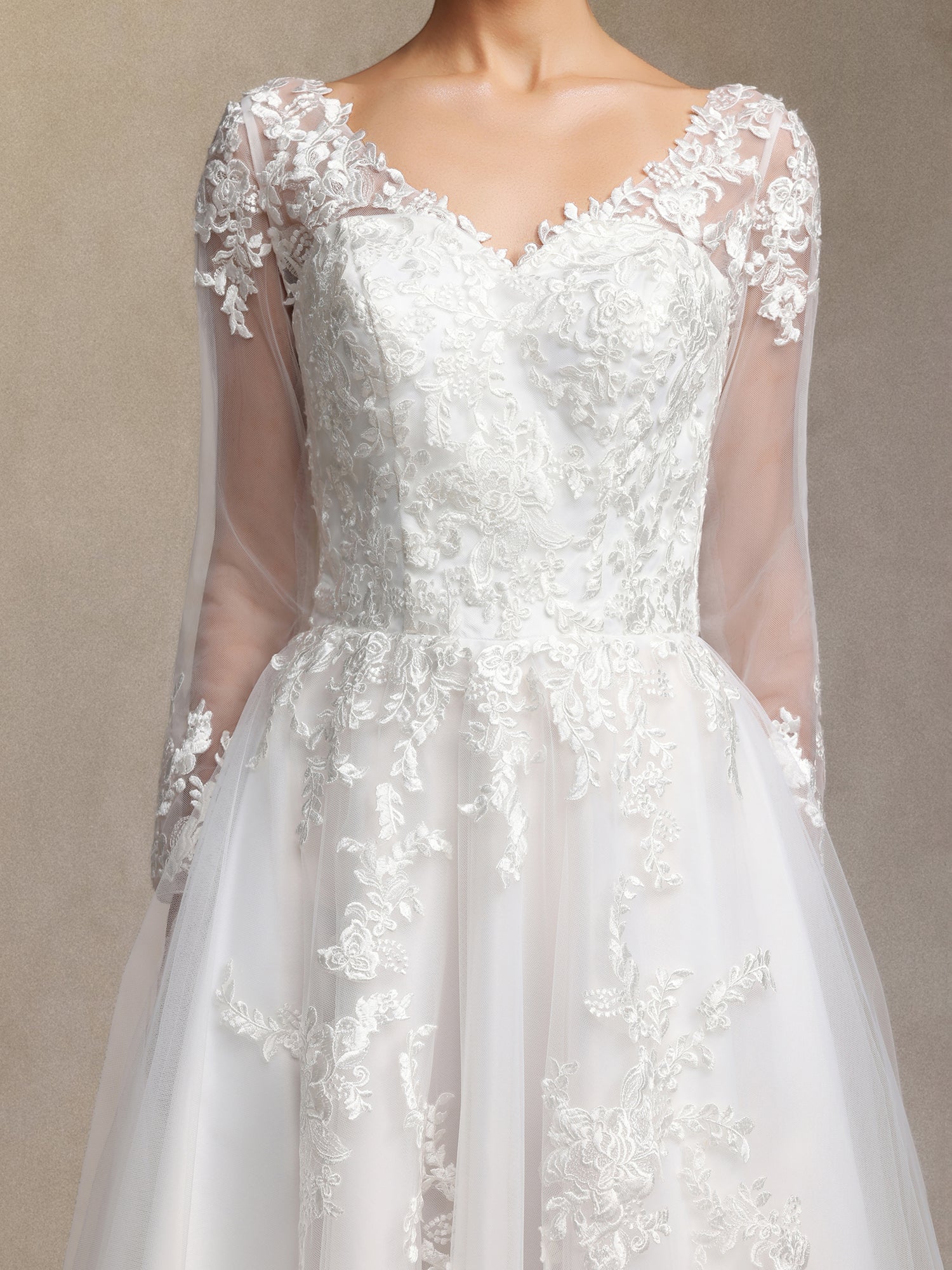 Dolcie V-neck lace patchwork mesh fabric maxi wedding dress	