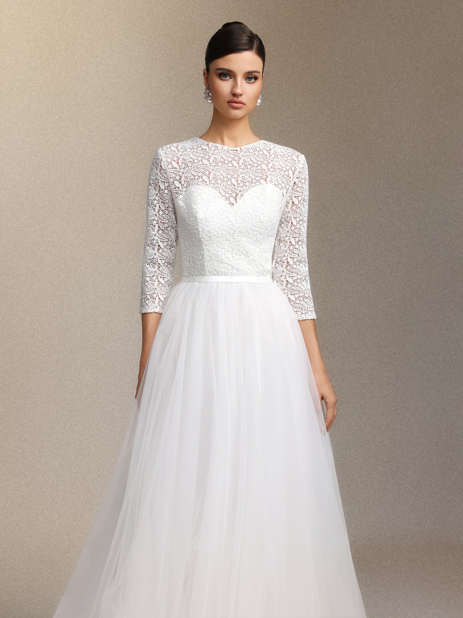 Lace tulle long-sleeved long-length wedding dress	