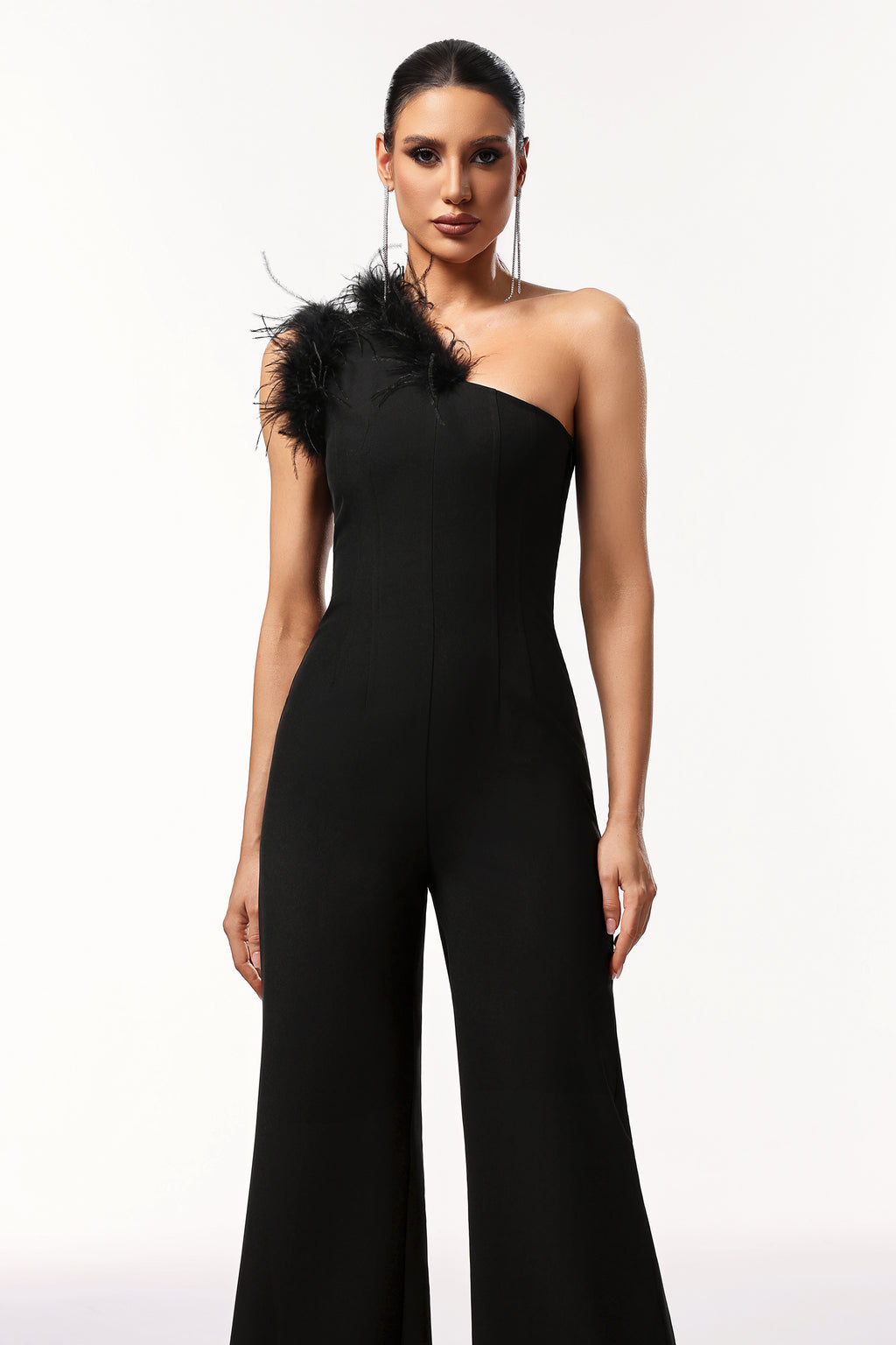 Ueza One Shoulder Sleeveless Feather Maxi Jumpsuit	