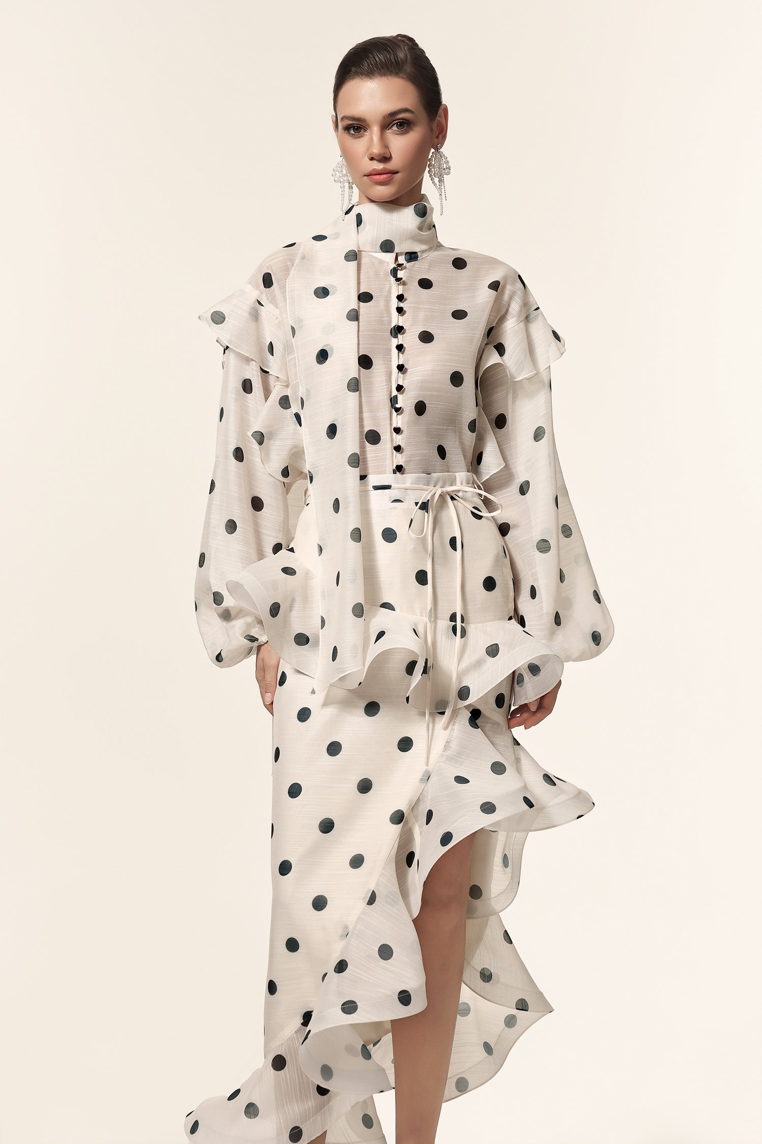 Vleah Streamer Long Sleeves Dot Printed Asymmetric Folds Midi Dress	