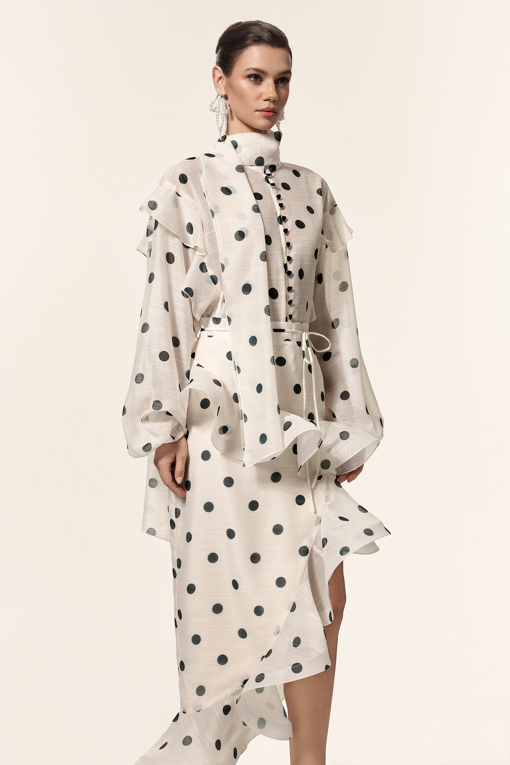 Vleah Streamer Long Sleeves Dot Printed Asymmetric Folds Midi Dress	