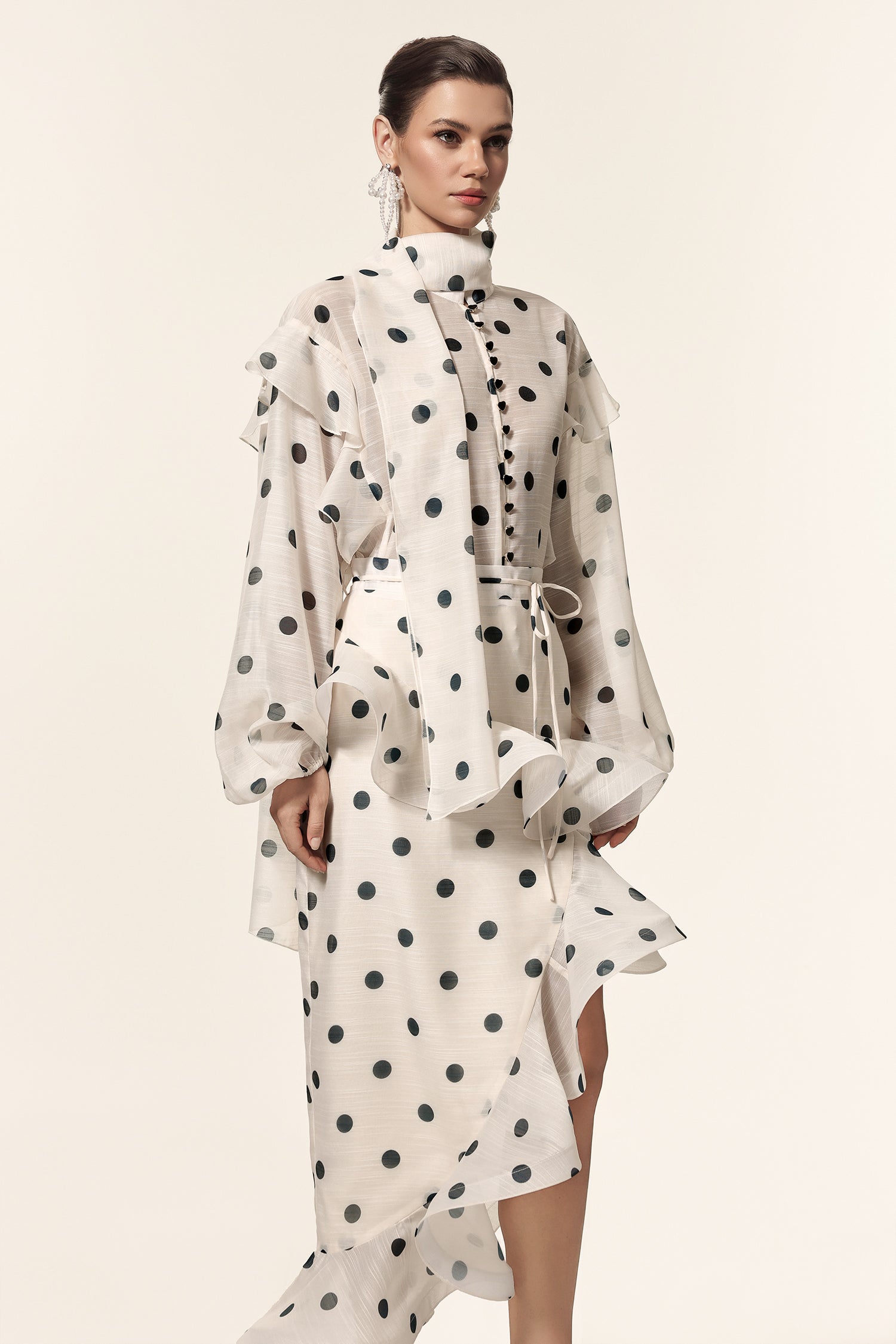 Vleah Streamer Long Sleeves Dot Printed Asymmetric Folds Midi Dress	