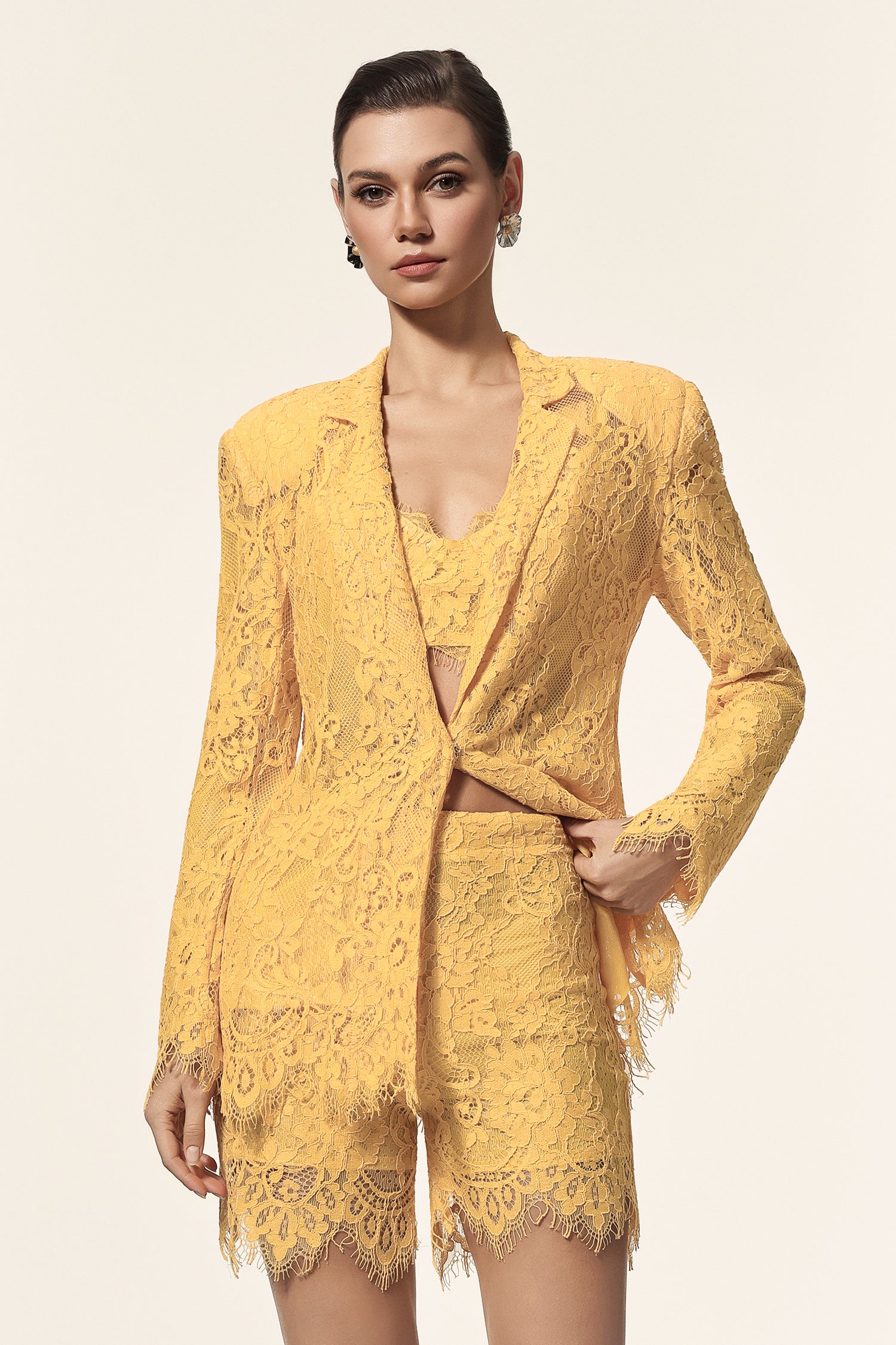 Rosee Halter Long Sleeves Lace Coat And Shorts Three-Piece Set	