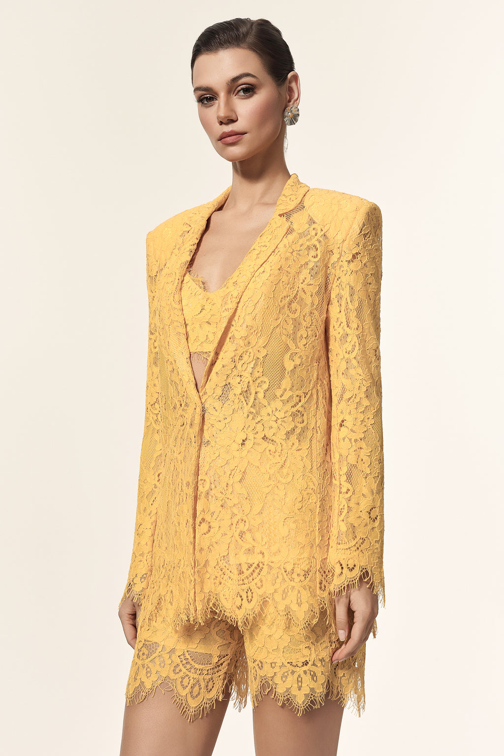 Rosee Halter Long Sleeves Lace Coat And Shorts Three-Piece Set	
