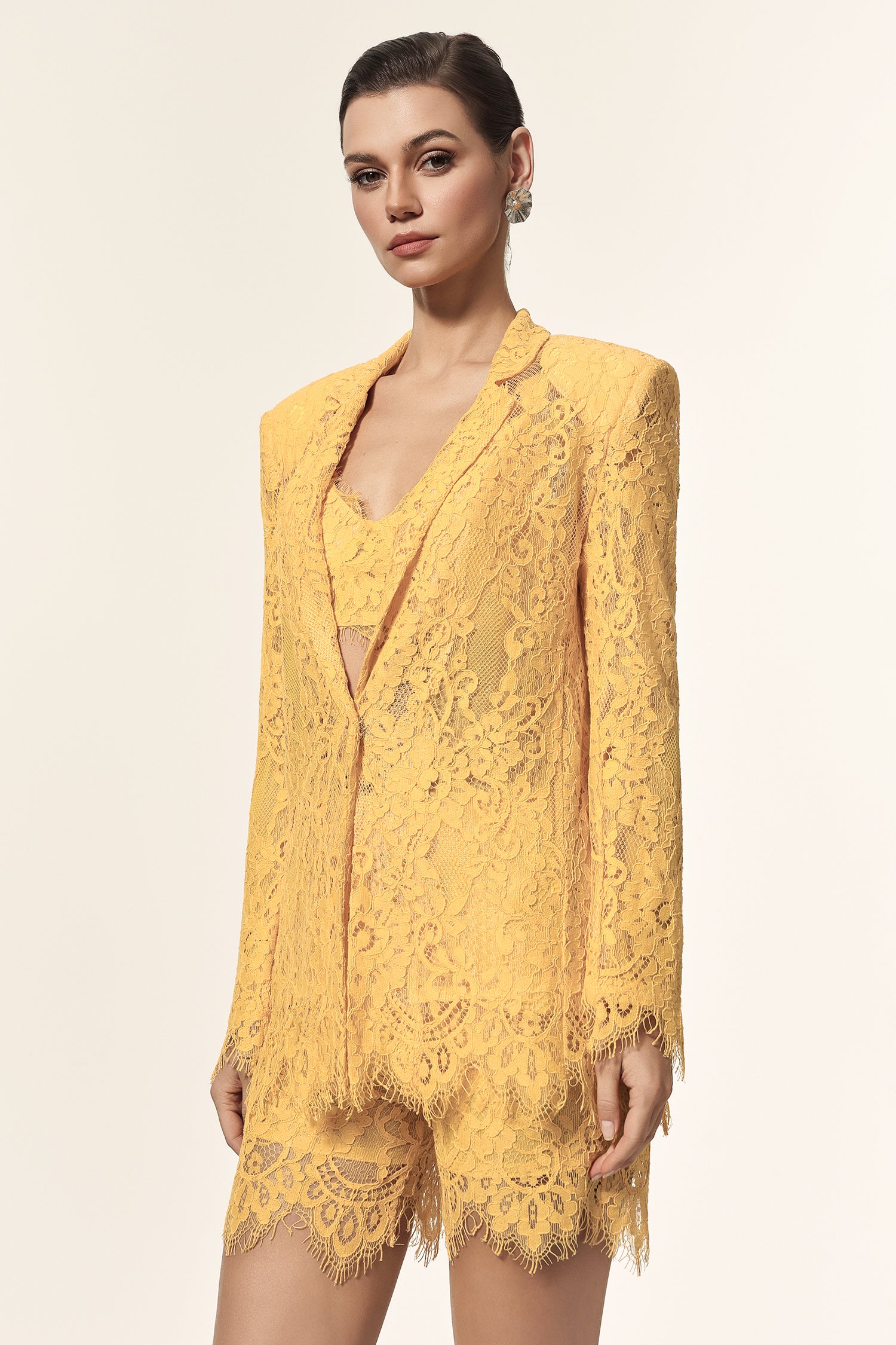 Rosee Halter Long Sleeves Lace Coat And Shorts Three-Piece Set	