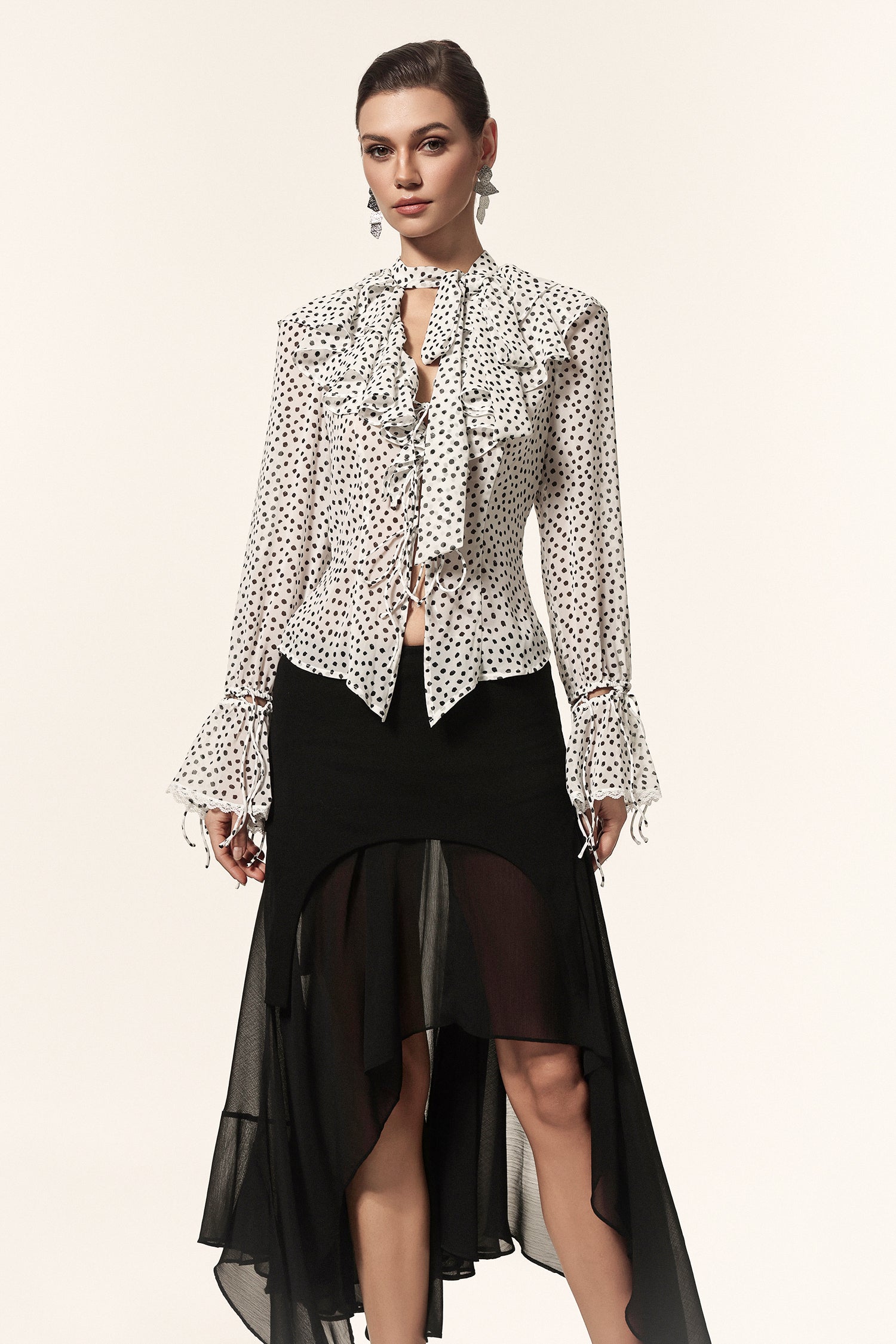 Lzada V-Neck Long Sleeves Folds Dot Printed Top	