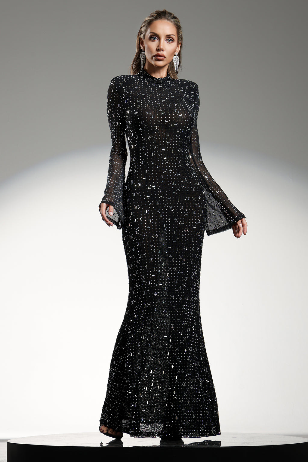 Gilian Long Sleeves High Neck Diamond Maxi Dress	
