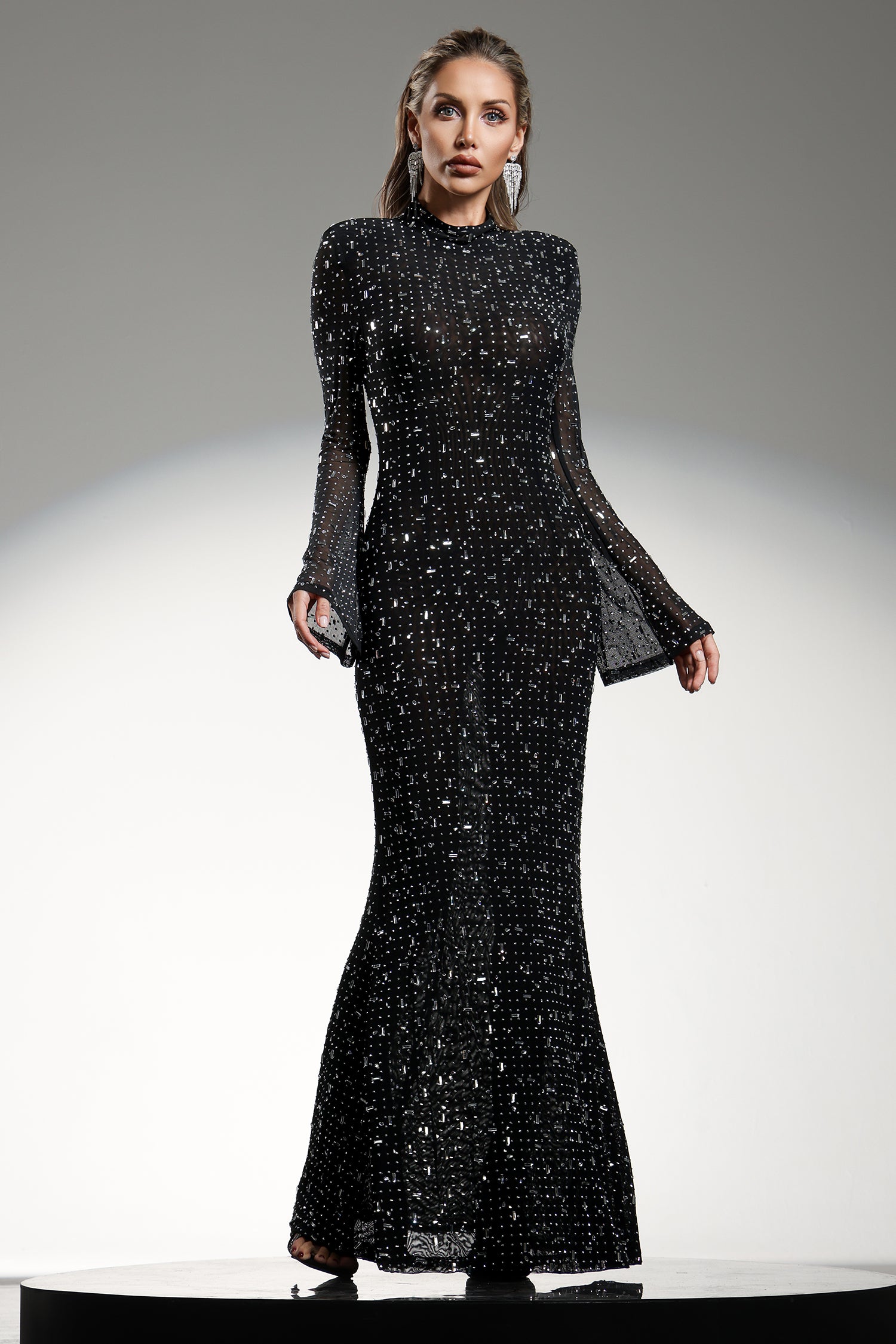 Gilian Long Sleeves High Neck Diamond Maxi Dress	