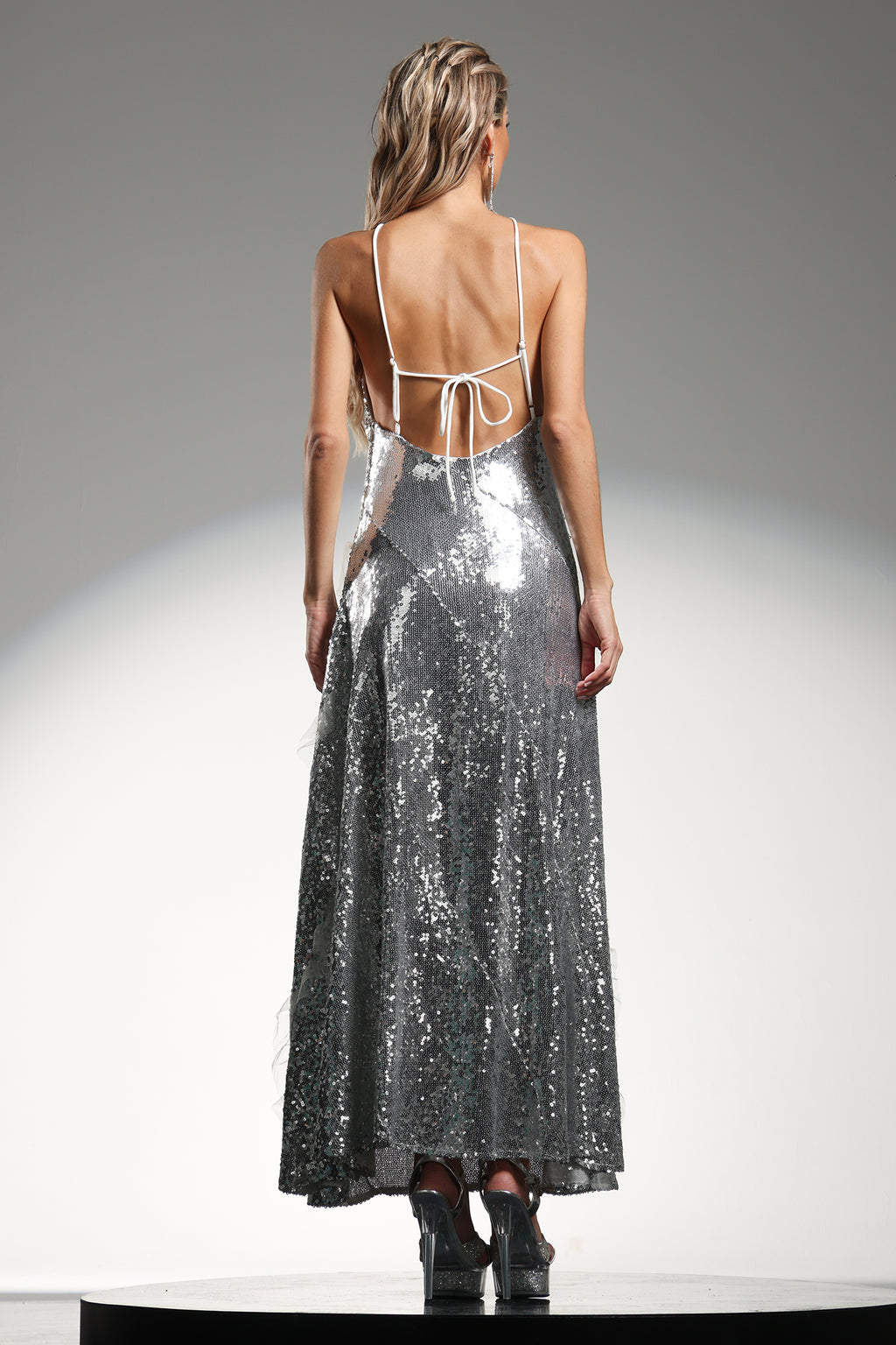 Dilara Sleeveless  Halter Sequins Ruffled Maxi Dress	