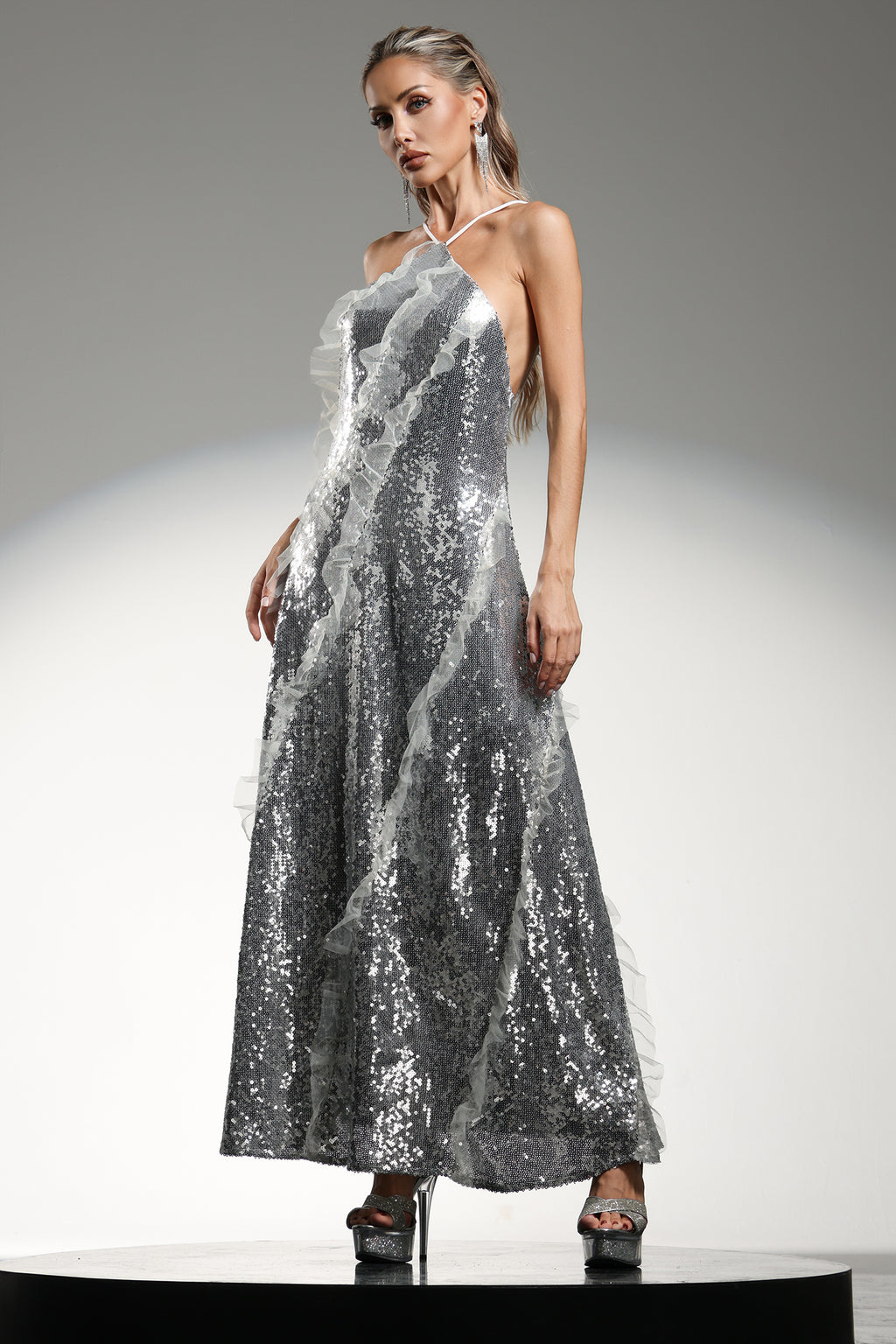Dilara Sleeveless  Halter Sequins Ruffled Maxi Dress	