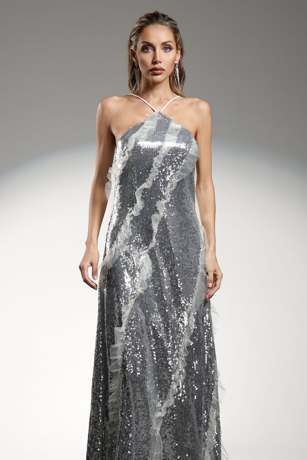 Dilara Sleeveless  Halter Sequins Ruffled Maxi Dress	