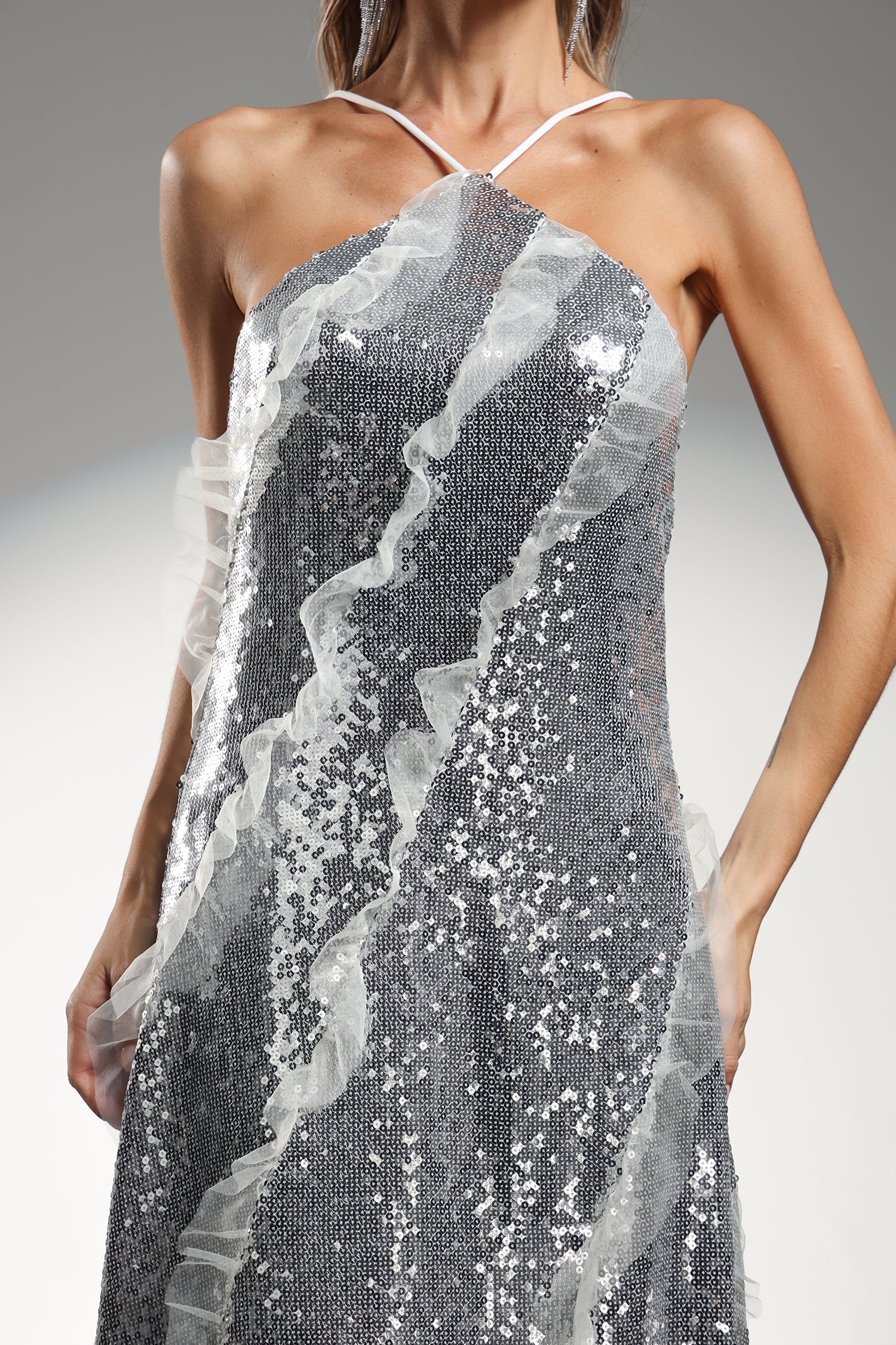 Dilara Sleeveless  Halter Sequins Ruffled Maxi Dress	
