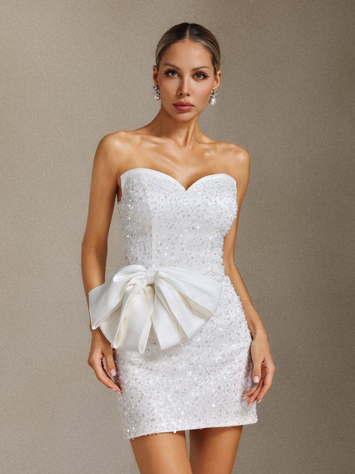 Enid Beaded sequined bow strapless mini dress	