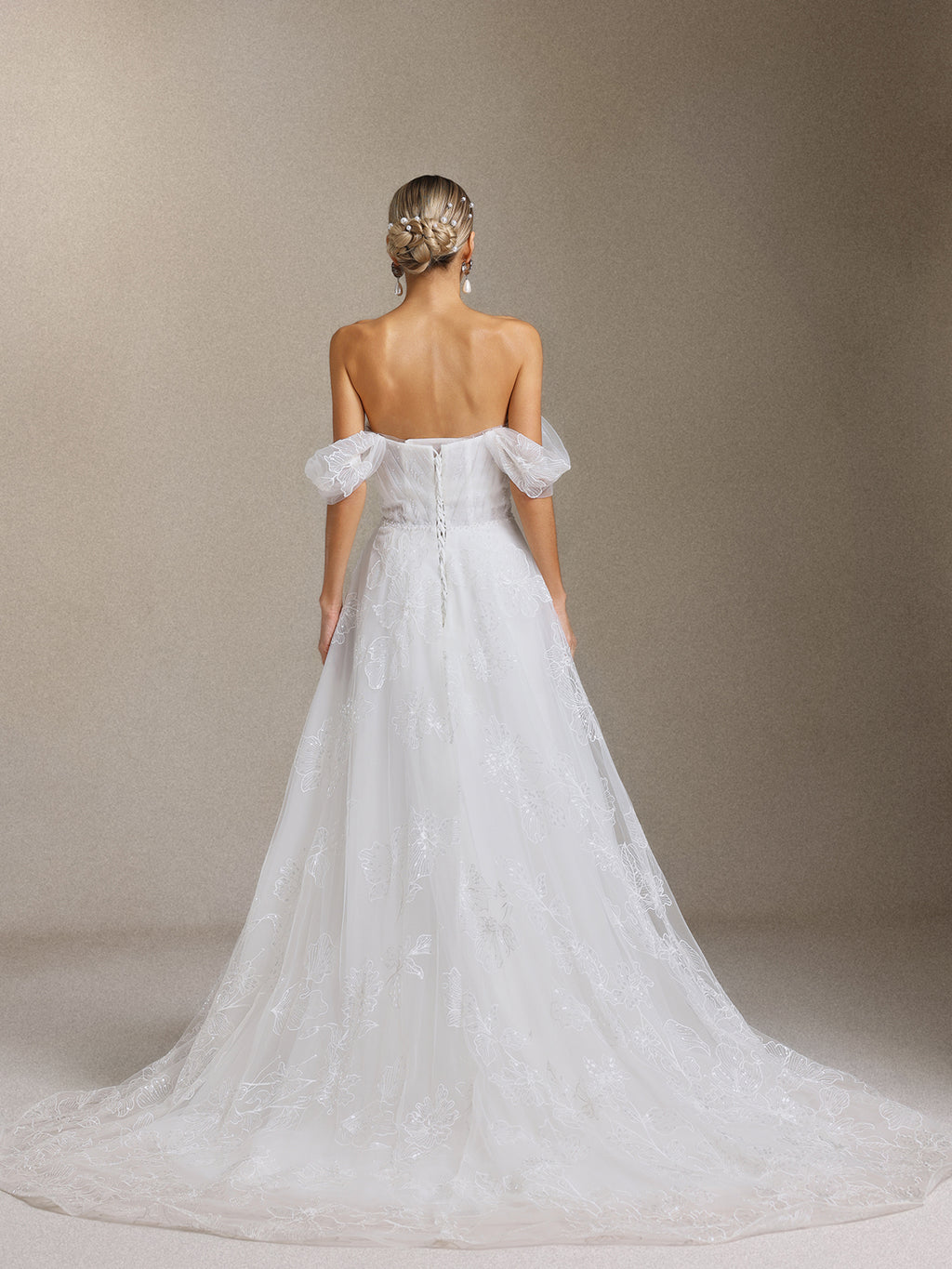 Liama Off-the-shoulder pearl flower lace Maxi wedding Dress	