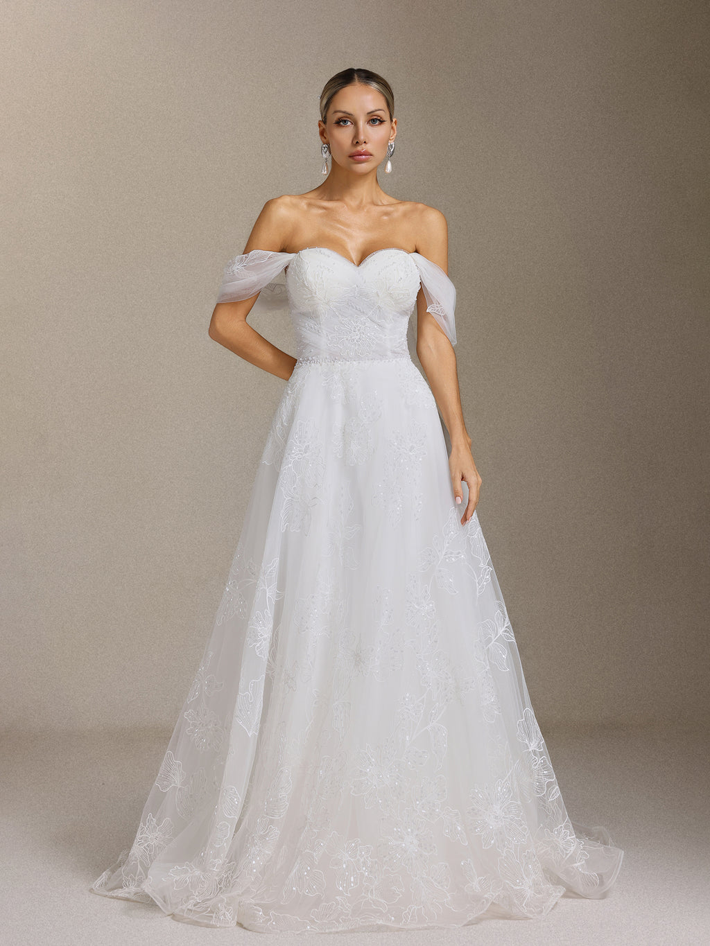 Liama Off-the-shoulder pearl flower lace Maxi wedding Dress	