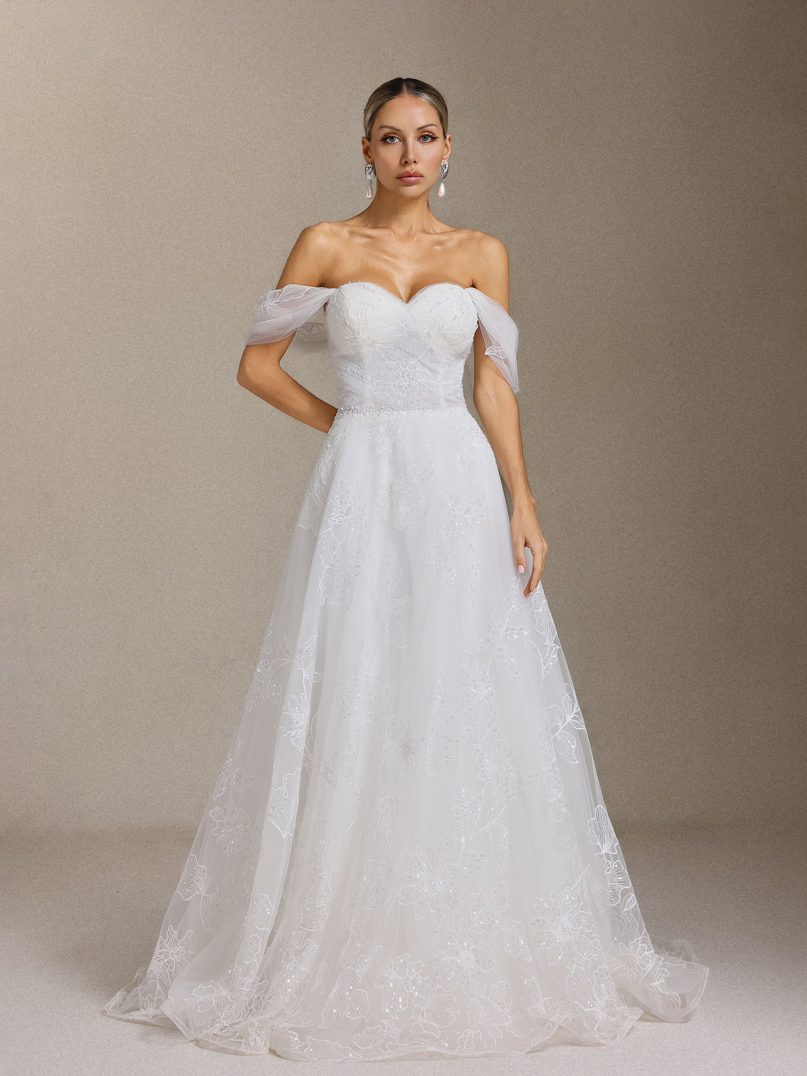 Liama Off-the-shoulder pearl flower lace Maxi wedding Dress	