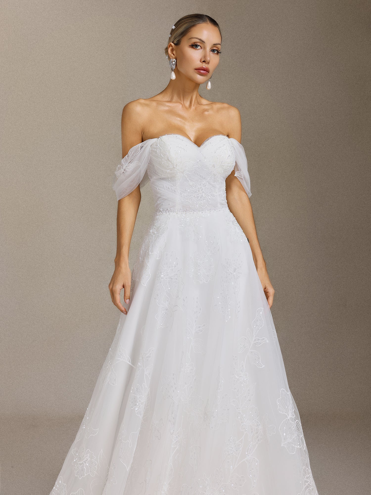 Liama Off-the-shoulder pearl flower lace Maxi wedding Dress	