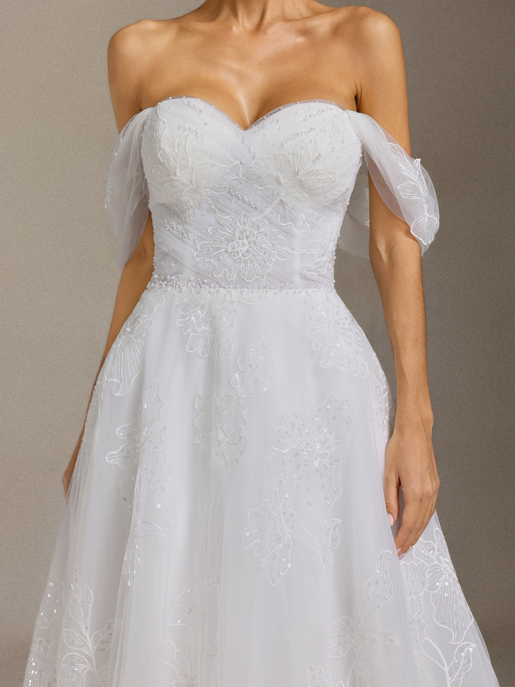 Liama Off-the-shoulder pearl flower lace Maxi wedding Dress	