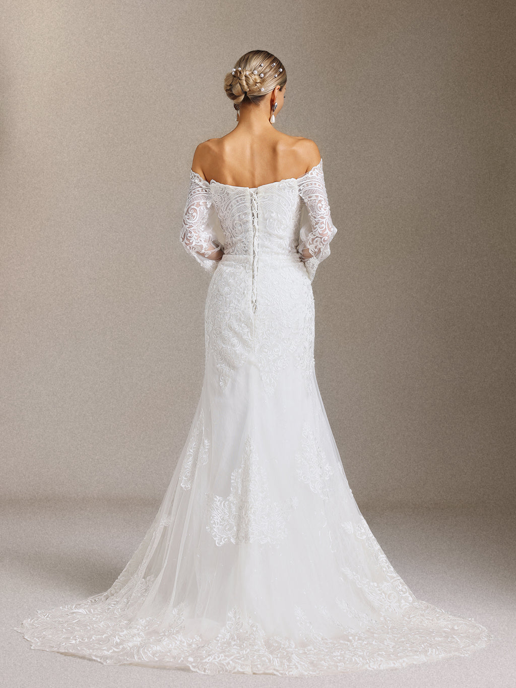 Lanla Off-the-shoulder lace long-sleeved fitted maxi wedding dress	