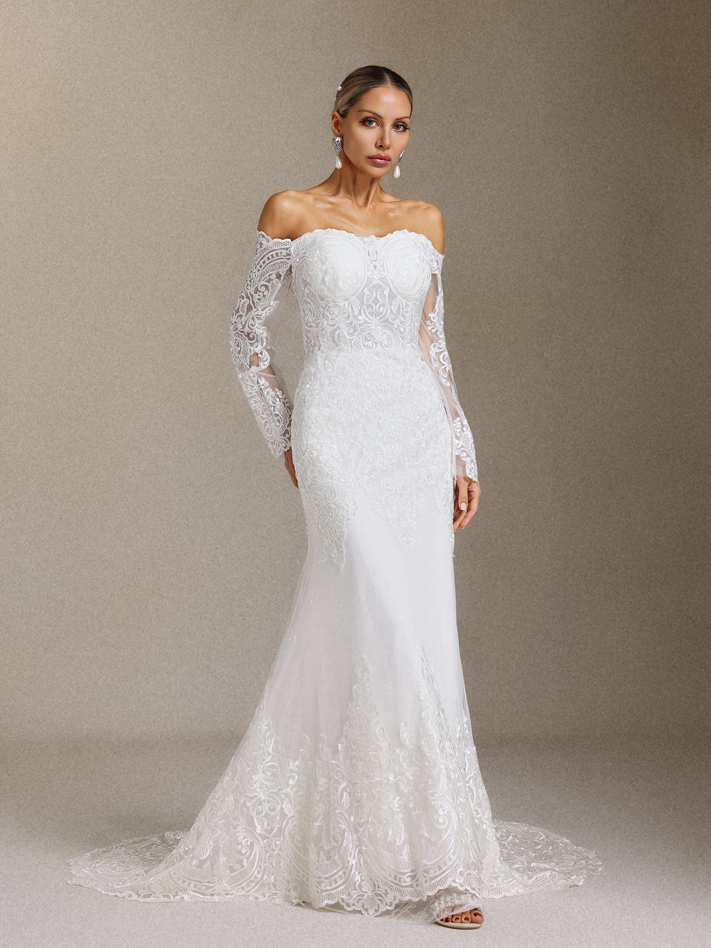 Lanla Off-the-shoulder lace long-sleeved fitted maxi wedding dress	