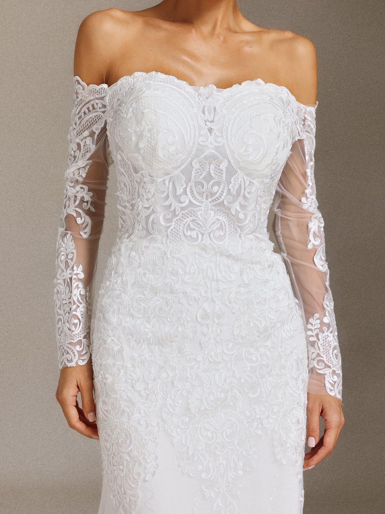 Lanla Off-the-shoulder lace long-sleeved fitted maxi wedding dress	