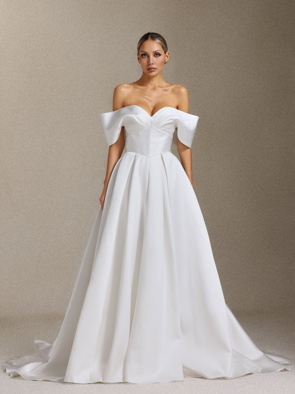 Molia Off-the-shoulder, pleated and tail-length wedding dress	