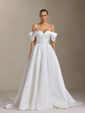 Molia Off-the-shoulder, pleated and tail-length wedding dress	