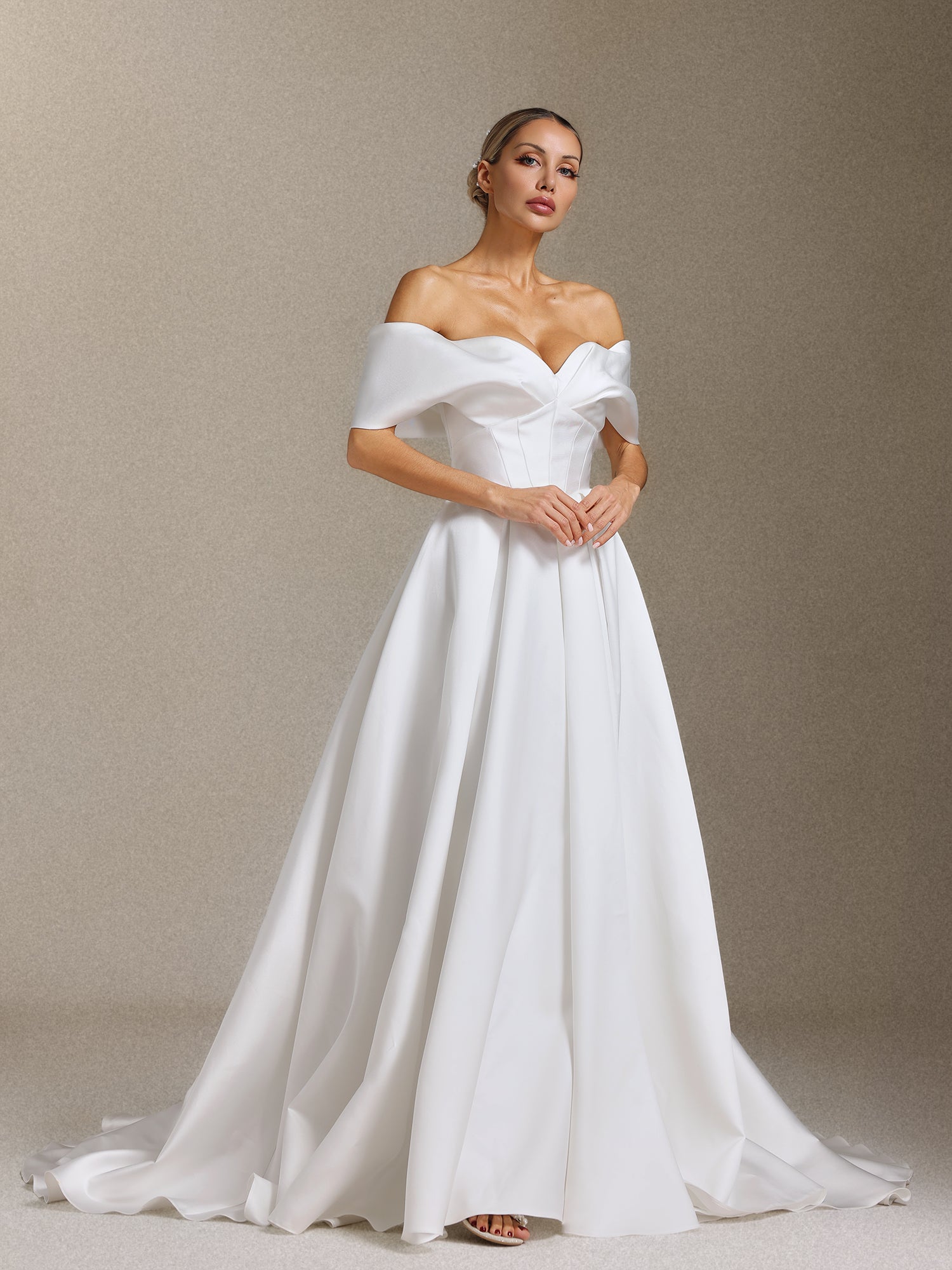 Molia Off-the-shoulder, pleated and tail-length wedding dress	