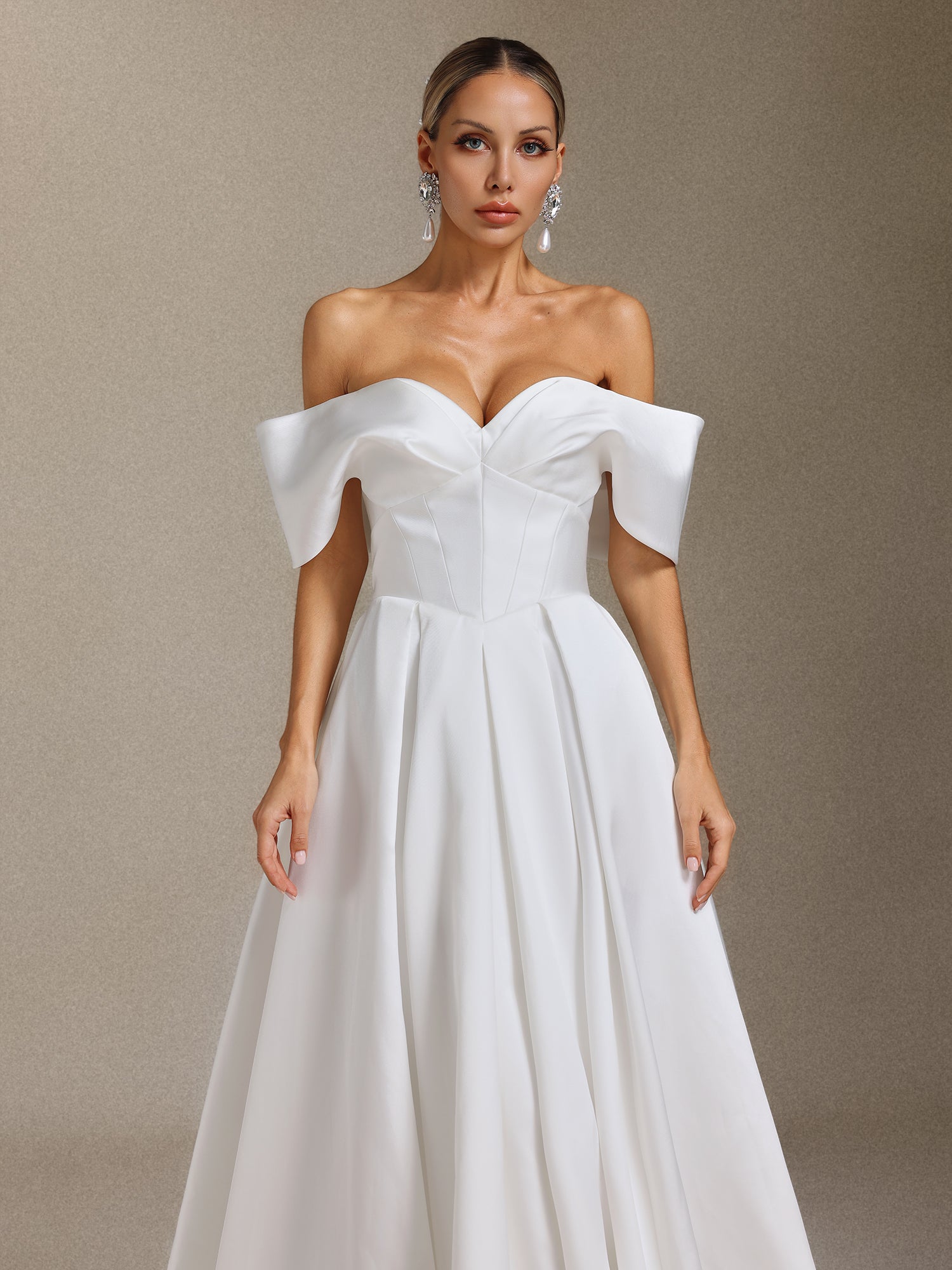 Molia Off-the-shoulder, pleated and tail-length wedding dress	