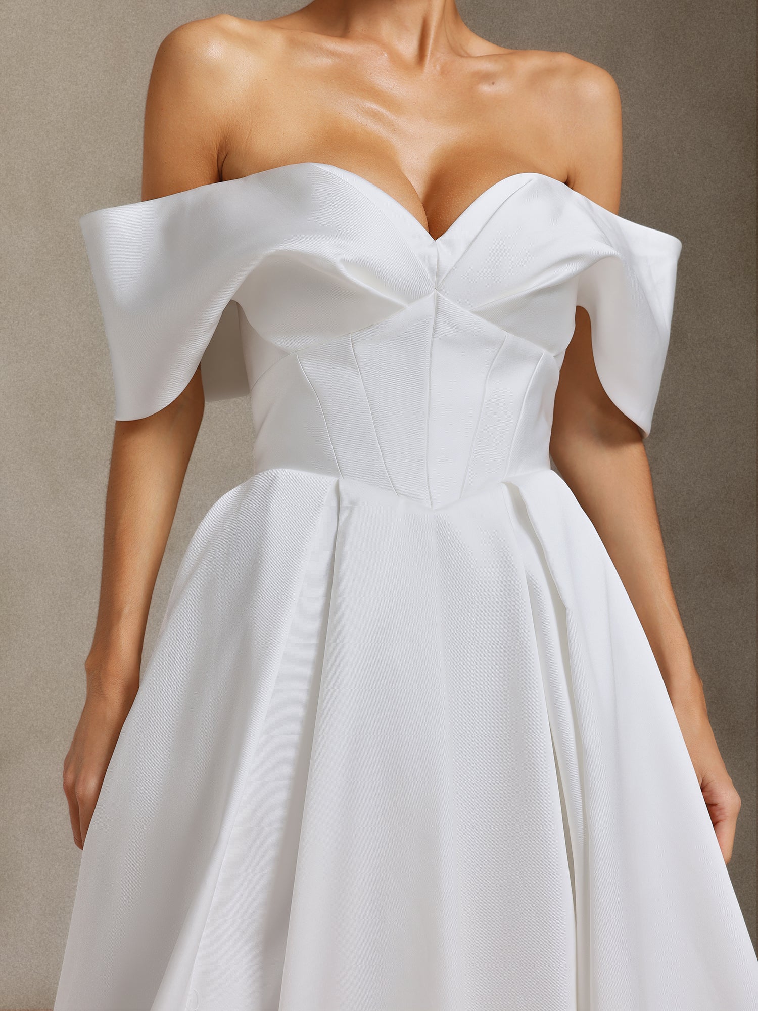 Molia Off-the-shoulder, pleated and tail-length wedding dress	
