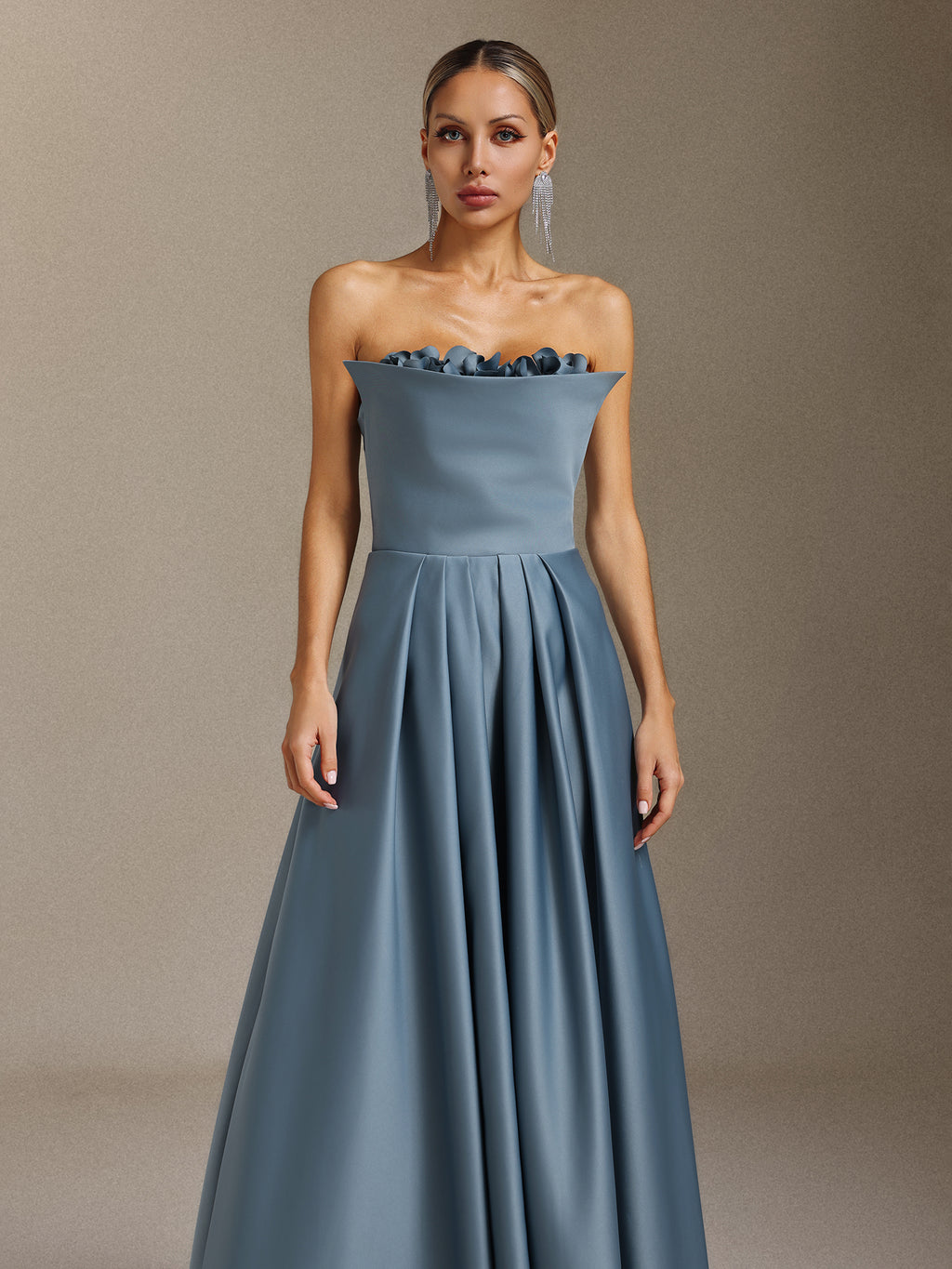 Elysande Strapless pleated three-dimensional floral slimming maxi dress	