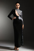 Wenie Long Sleeves Flower Slit Maxi Dress	