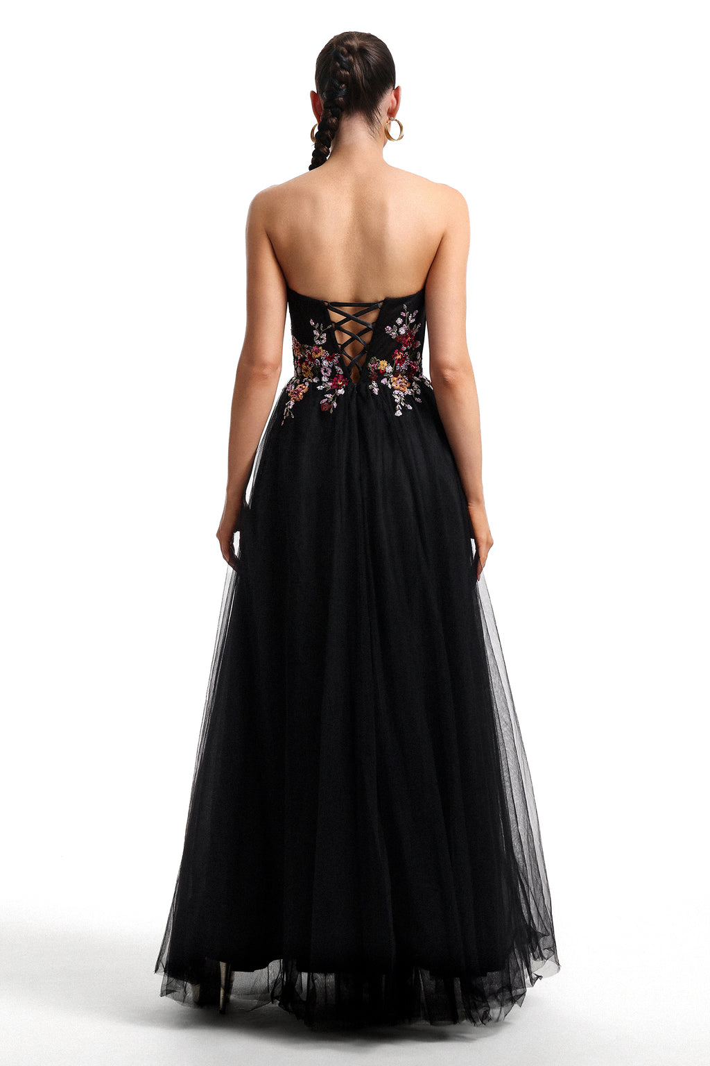 Timesha Strapless Floral Embroidered High Slit Maxi Dress	