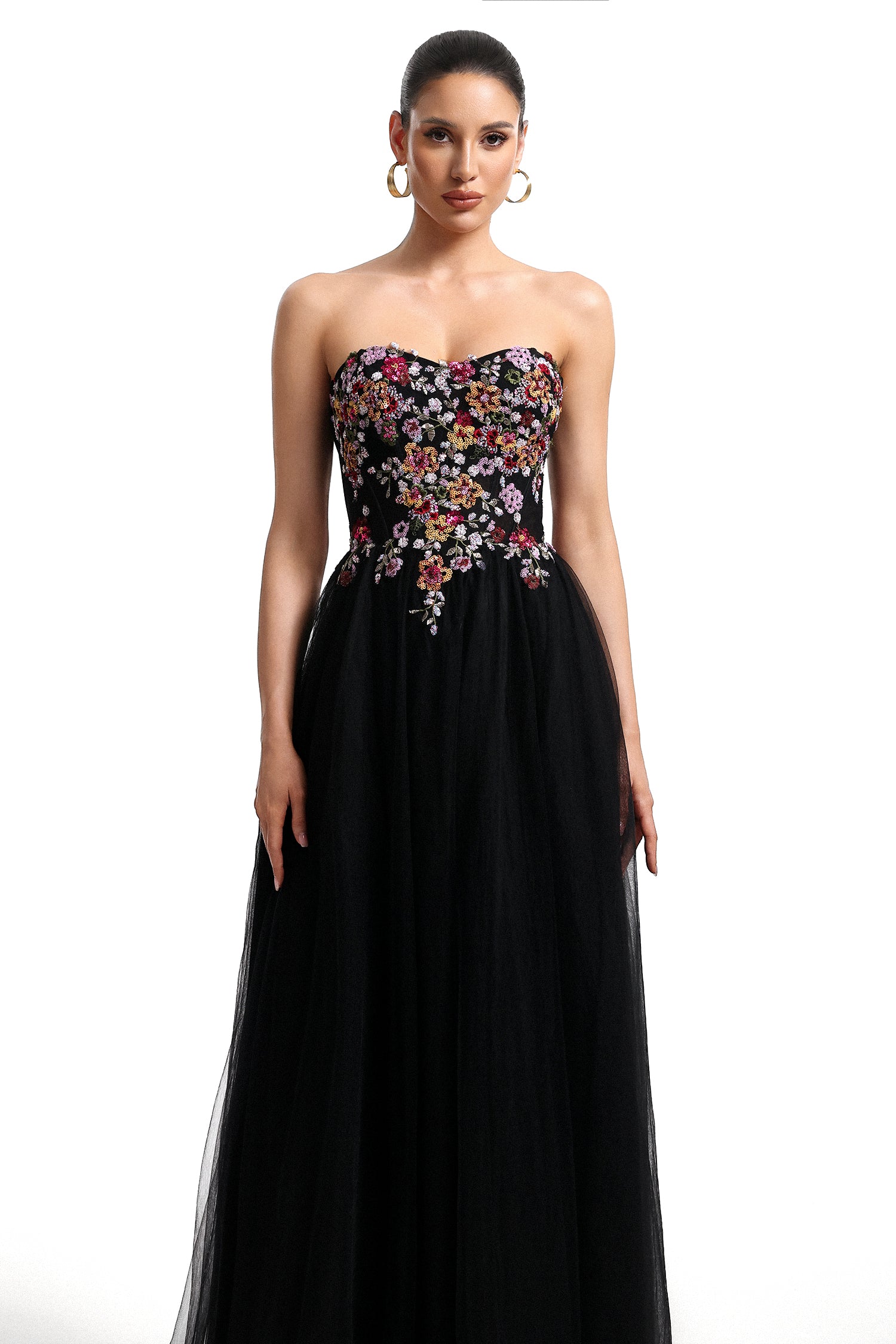 Timesha Strapless Floral Embroidered High Slit Maxi Dress	