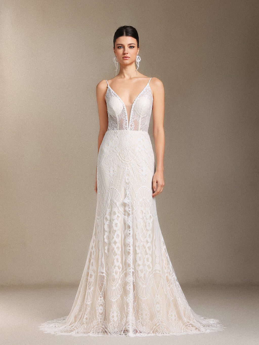 Vallea Lace V-neck Backless Slit Trailing maxi dress	