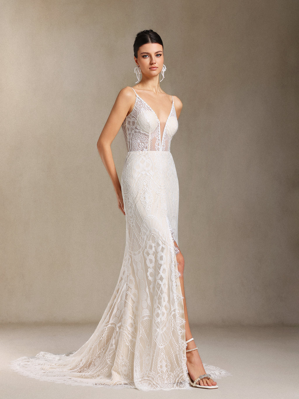 Vallea Lace V-neck Backless Slit Trailing maxi dress	