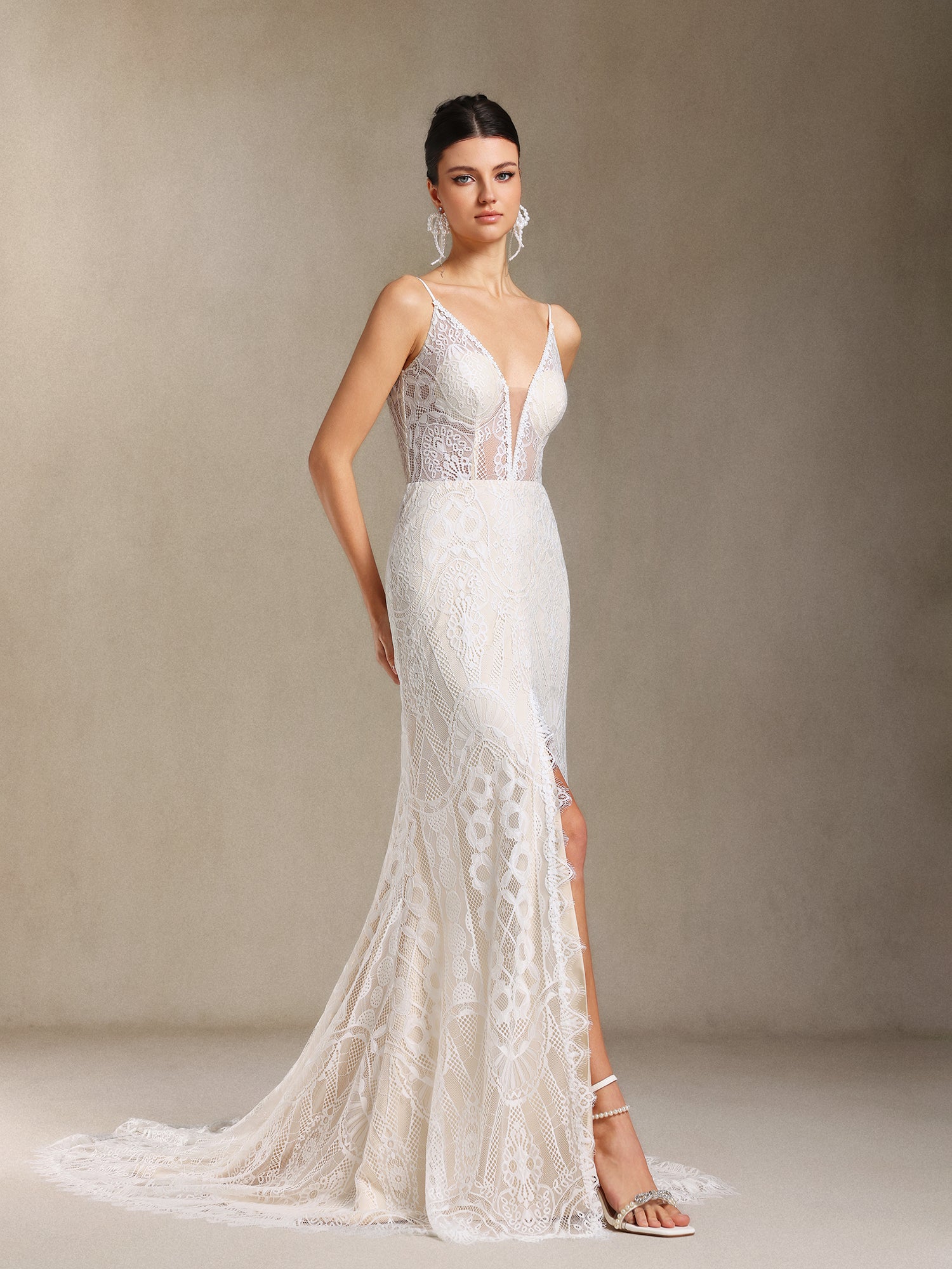 Vallea Lace V-neck Backless Slit Trailing maxi dress	