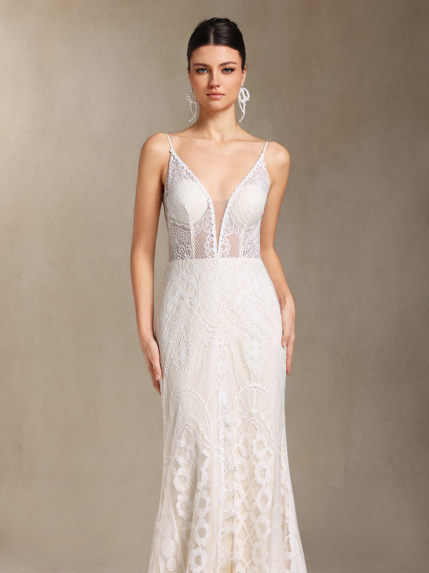Vallea Lace V-neck Backless Slit Trailing maxi dress	