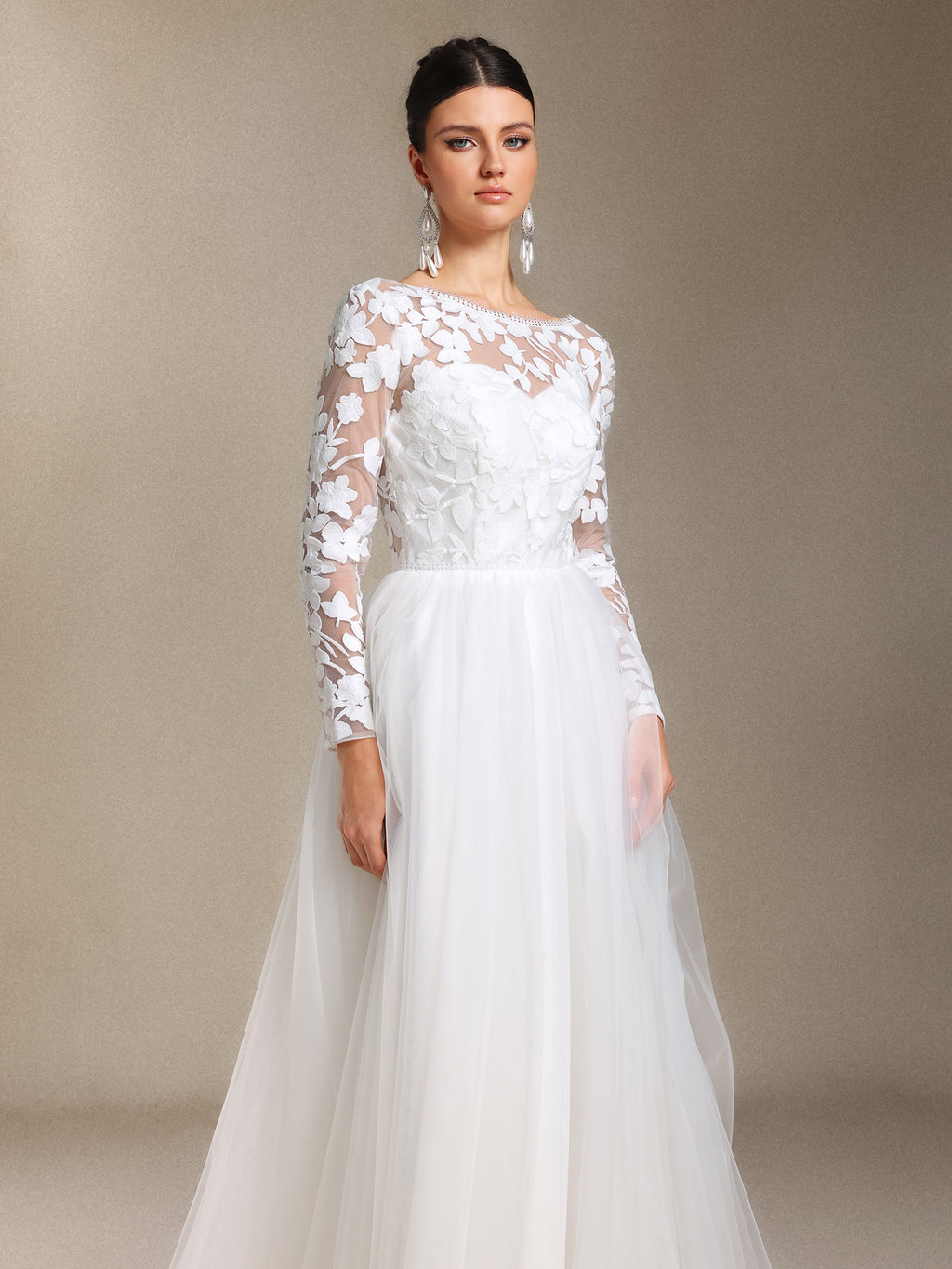 Gilda Long sleeves LaceMesh yarn Trailing maxi wedding dress	