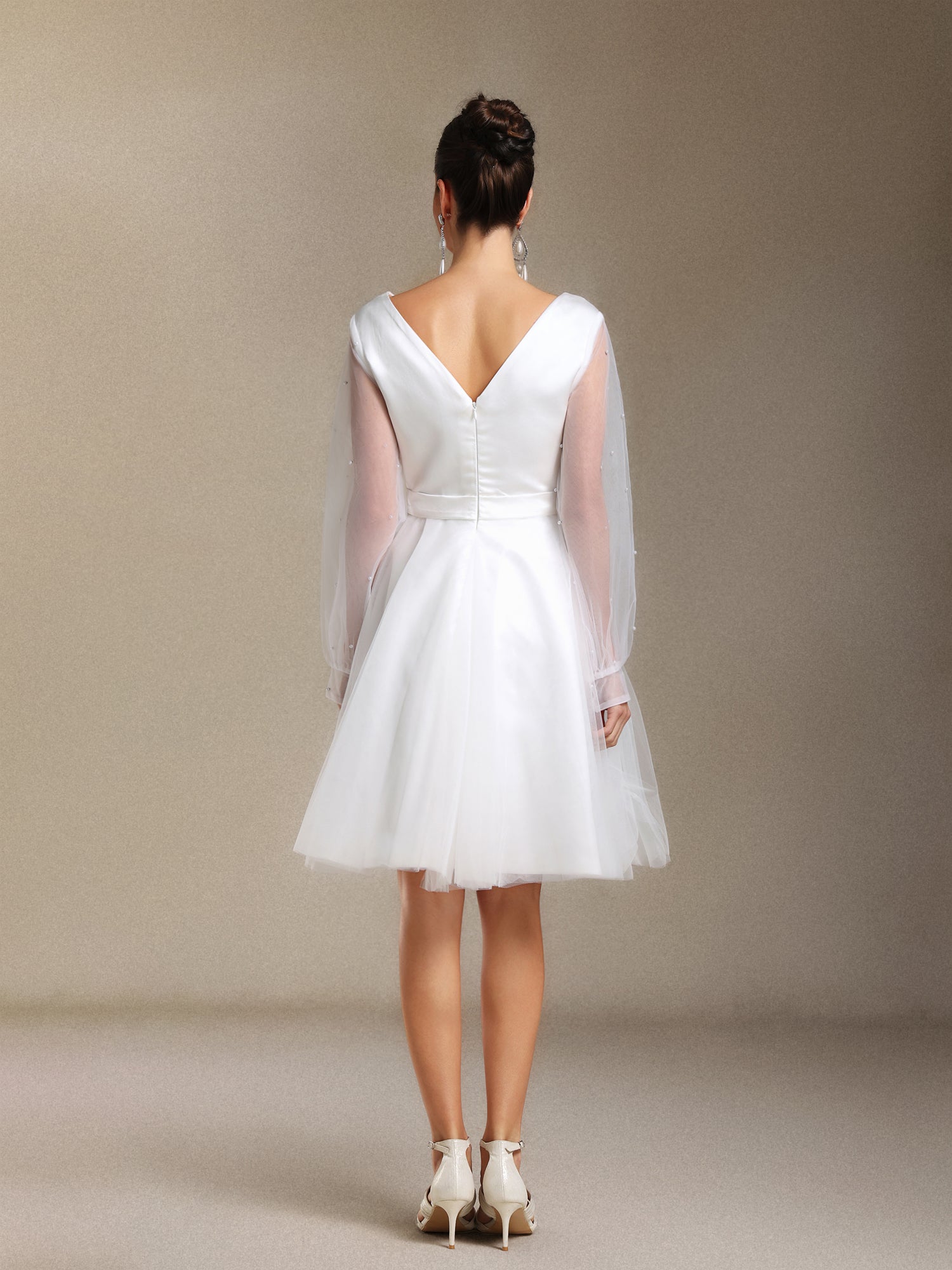 Maka Long sleeves Pearl Satin V-neck Mini wedding dress	