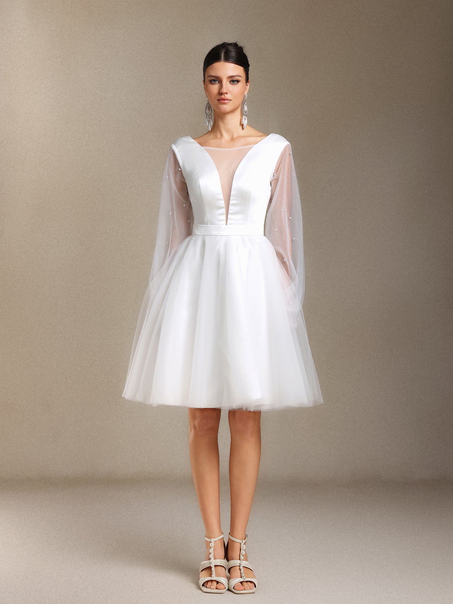 Maka Long sleeves Pearl Satin V-neck Mini wedding dress	